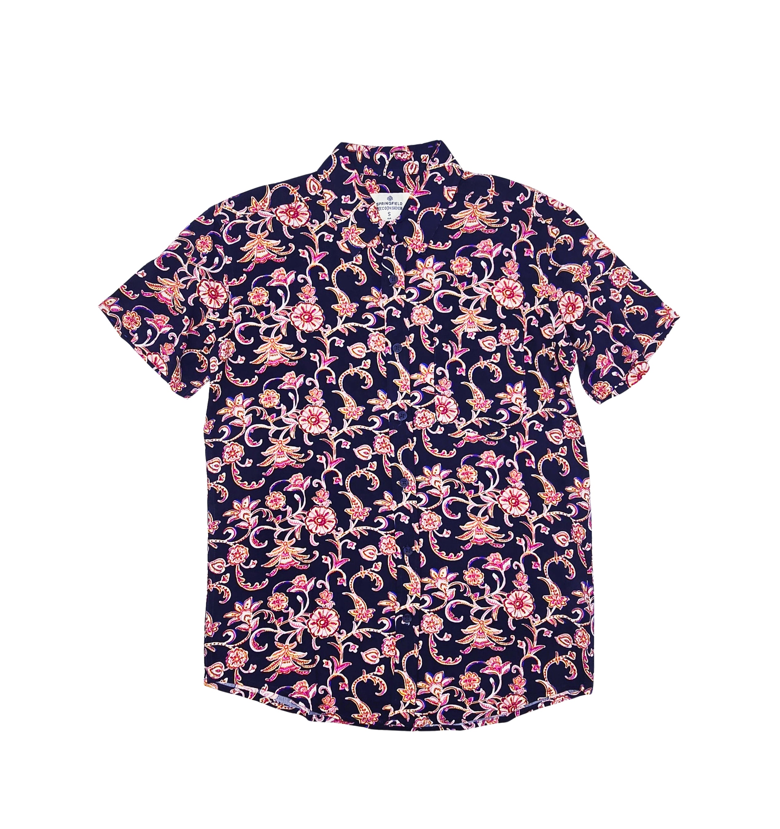 SPRINGFIELD MEN'S SHORT SLEEVES PRINTED BUTTON-UP SHIRT (NAVY BLUE/PINK)