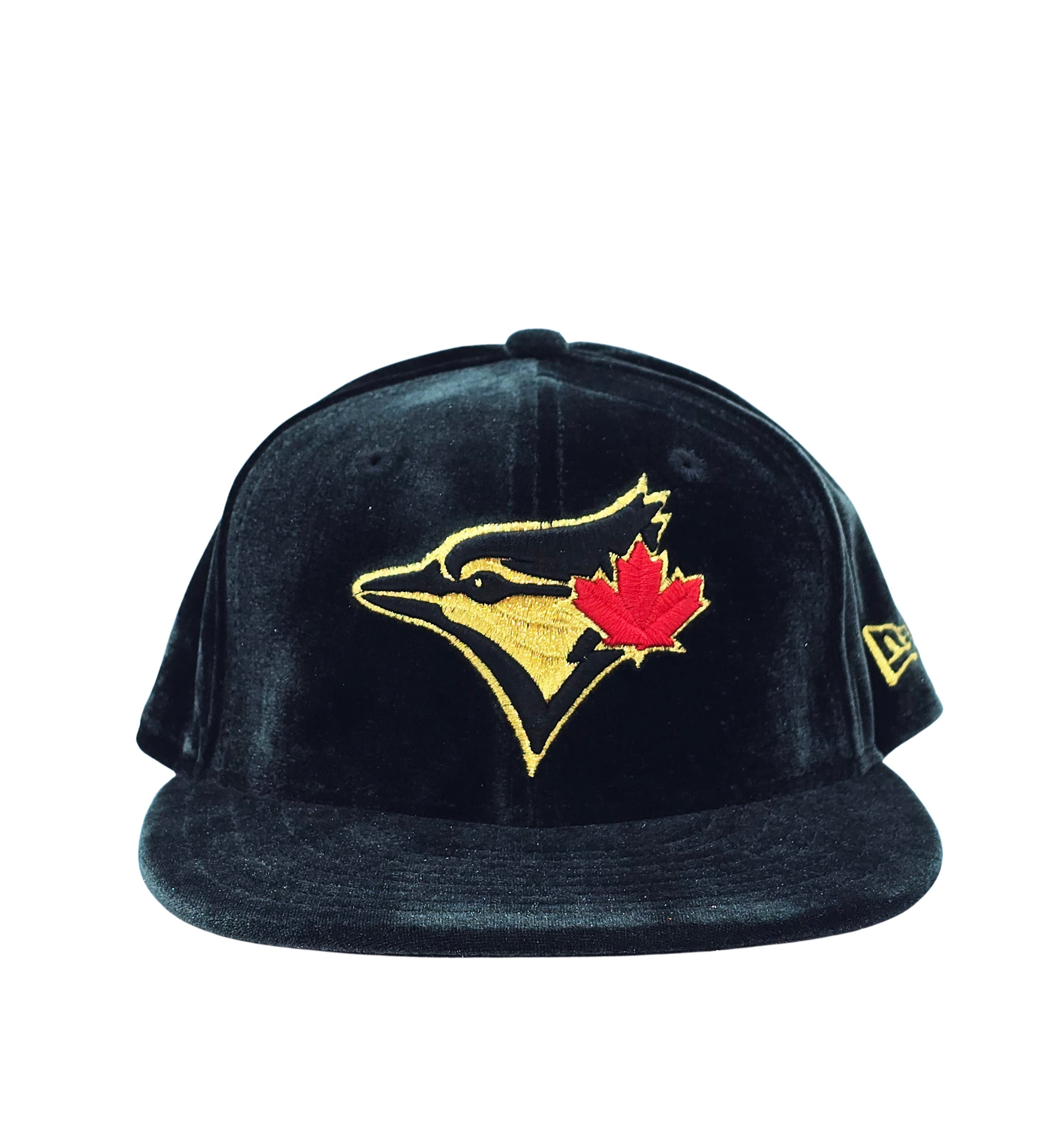 59FIFTY NEW ERA MLB TORONTO BLUE JAYS BLACK/GOLD WITH RED LEAF LOGO VELVET FITTED HAT