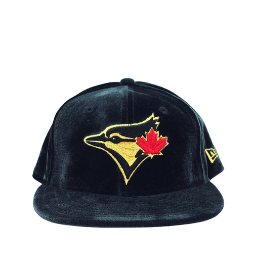 59FIFTY NEW ERA MLB TORONTO BLUE JAYS BLACK/GOLD WITH RED LEAF LOGO VELVET FITTED HAT