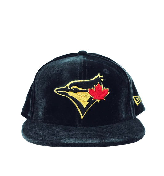 59FIFTY NEW ERA MLB TORONTO BLUE JAYS BLACK/GOLD WITH RED LEAF LOGO VELVET FITTED HAT