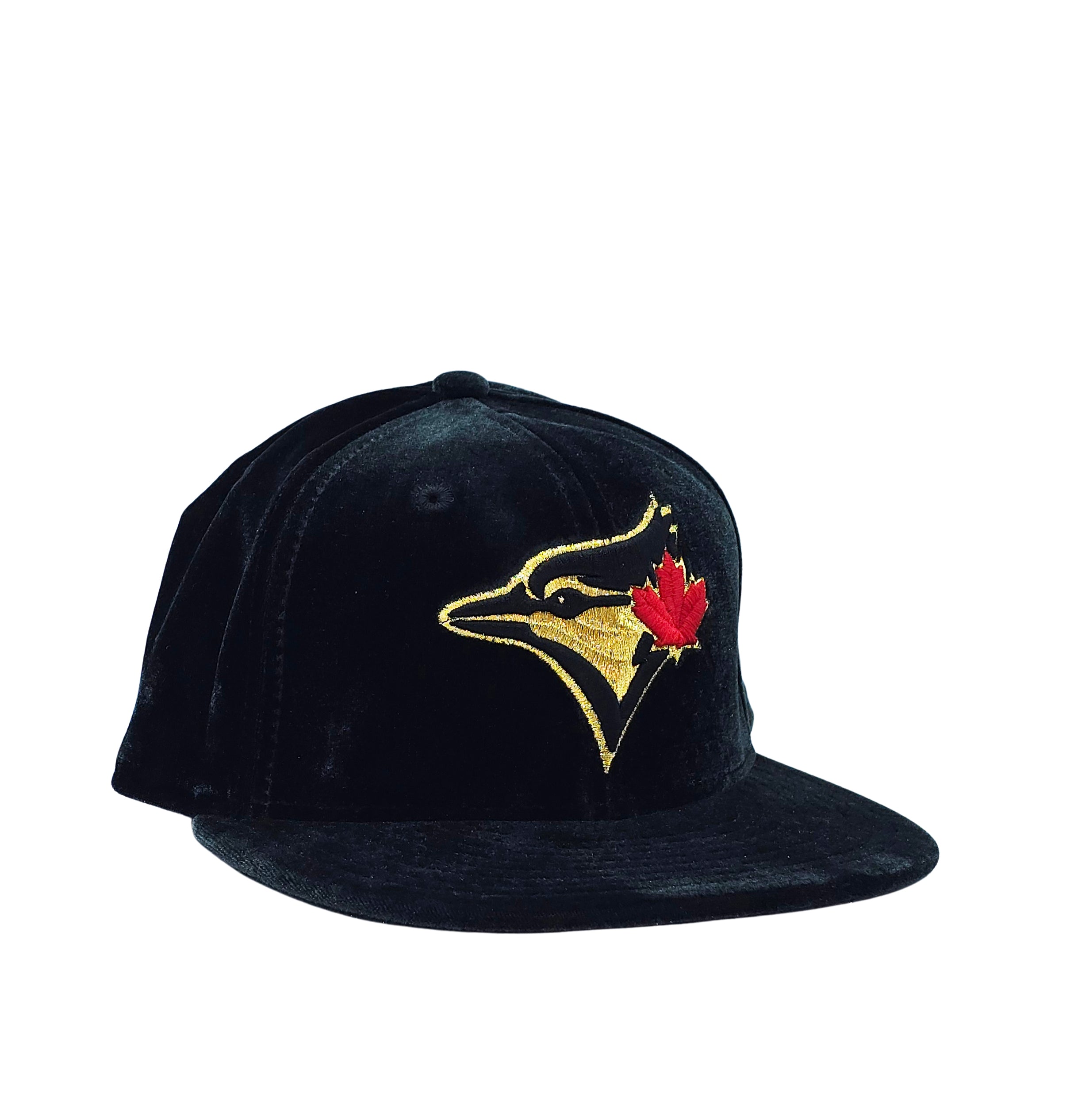 59FIFTY NEW ERA MLB TORONTO BLUE JAYS BLACK/GOLD WITH RED LEAF LOGO VELVET FITTED HAT
