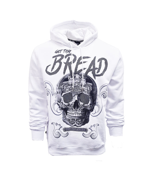 SWITCH REMARKABLE MEN'S RHINESTONE GET THAT BREAD, SKULL GRAPHIC HOODIE (WHITE)