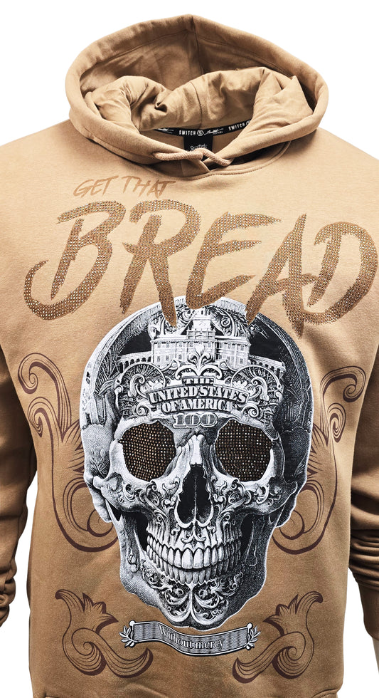 SWITCH REMARKABLE MEN'S RHINESTONE GET THAT BREAD, SKULL GRAPHIC HOODIE (KHAKI)
