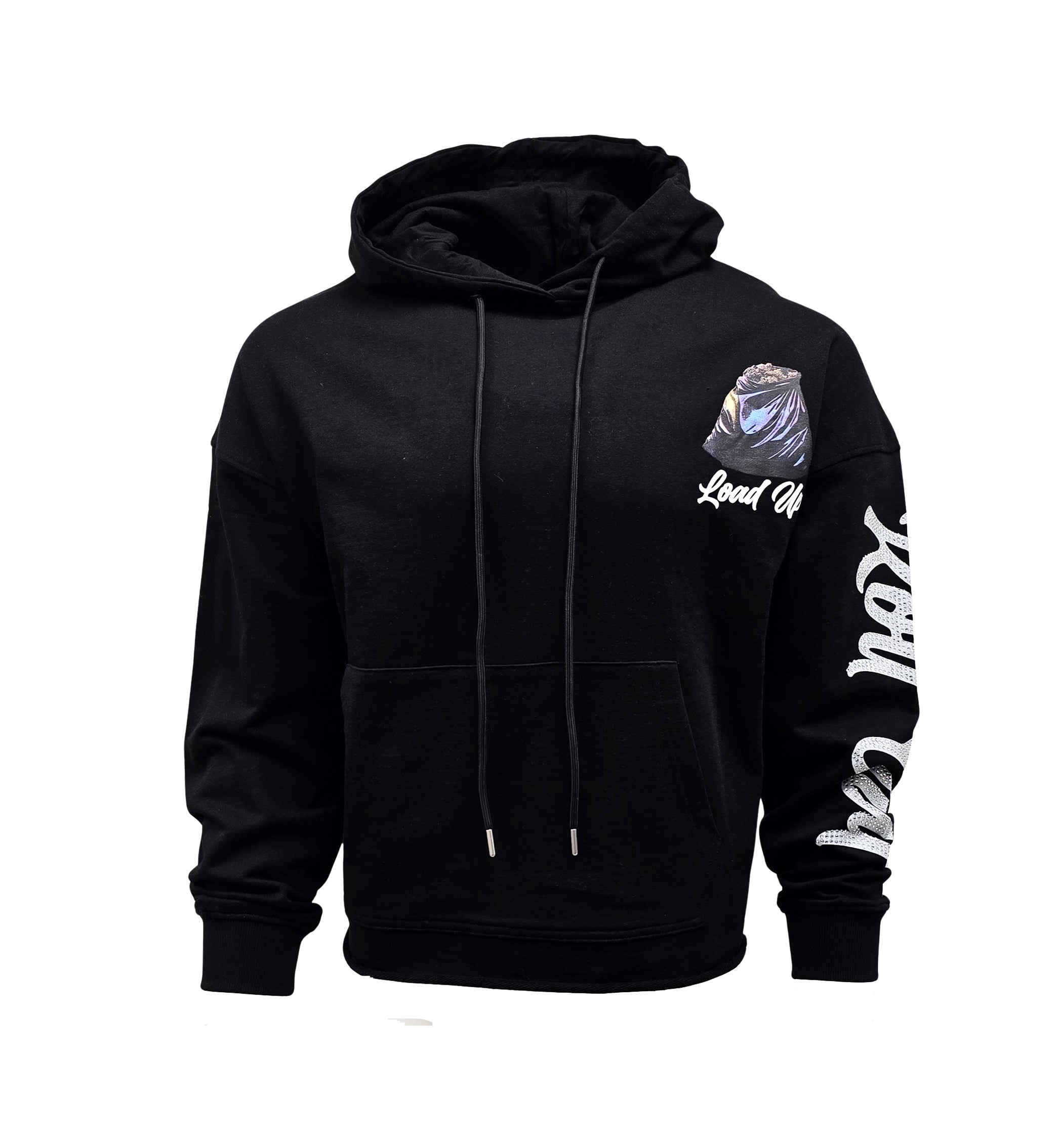 SWITCH REMARKABLE MEN'S RHINESTONE LOAD UP CROPPED GRAPHIC HOODIE (BLACK)