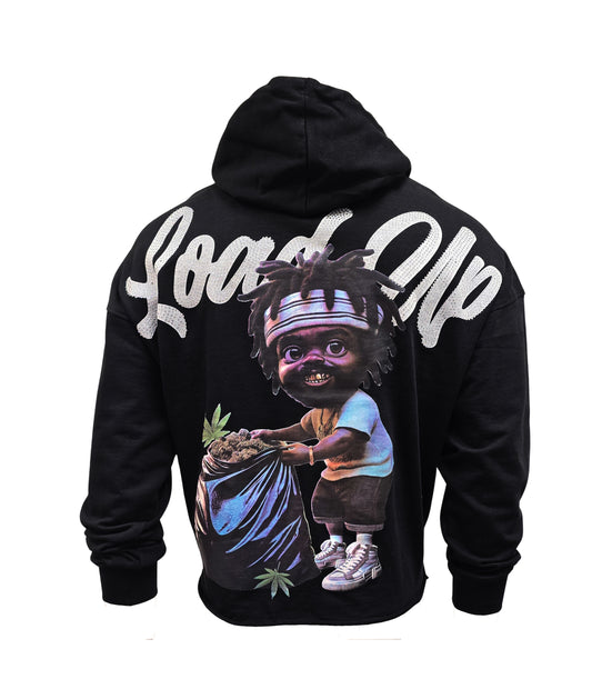 SWITCH REMARKABLE MEN'S RHINESTONE LOAD UP CROPPED GRAPHIC HOODIE (BLACK)