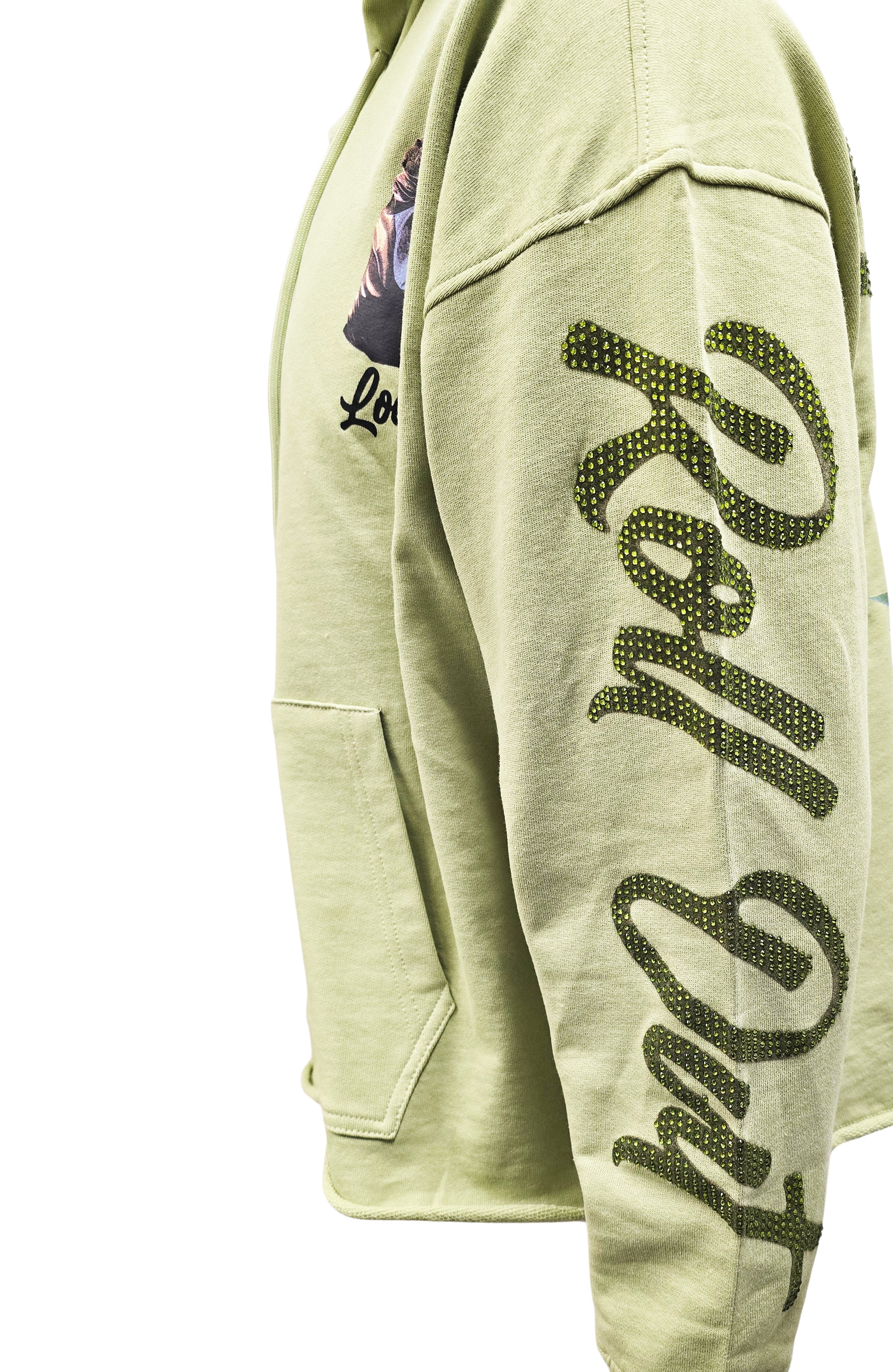 SWITCH REMARKABLE MEN'S RHINESTONE LOAD UP CROPPED GRAPHIC HOODIE (LIGHT OLIVE)