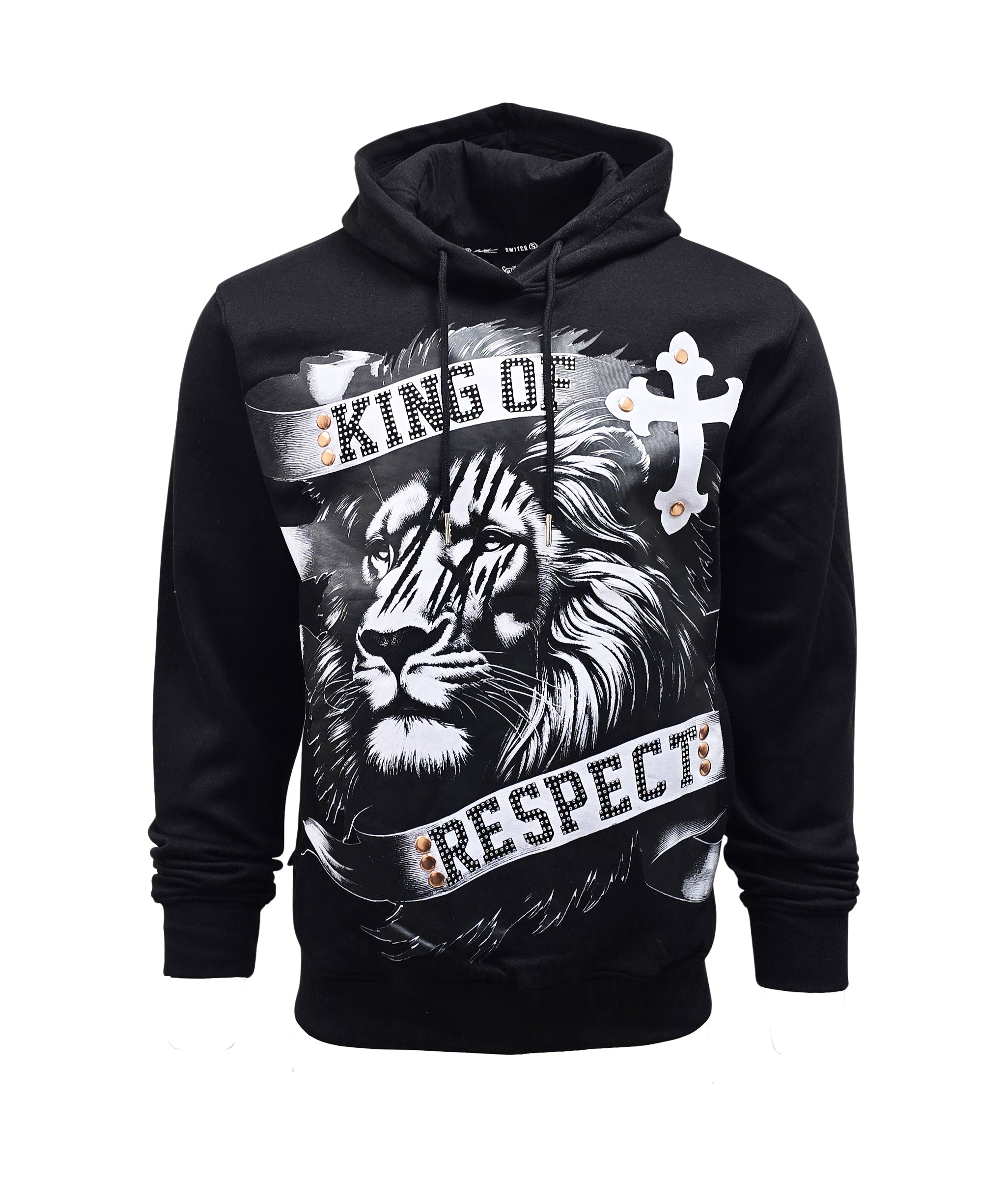 SWITCH REMARKABLE MEN'S RHINESTONE KING OF RESPECT, LION GRAPHIC HOODIE (BLACK)