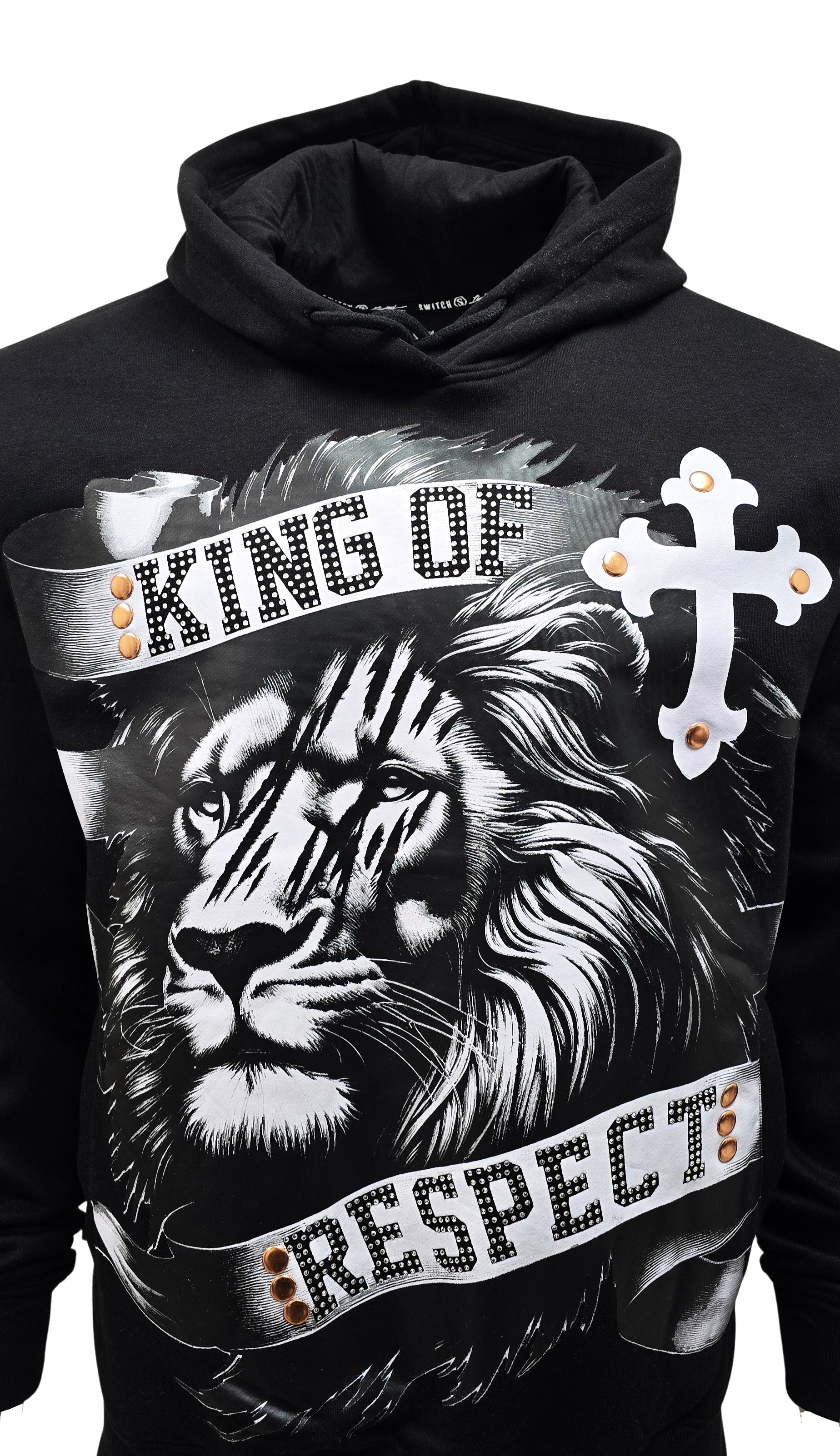 SWITCH REMARKABLE MEN'S RHINESTONE KING OF RESPECT, LION GRAPHIC HOODIE (BLACK)