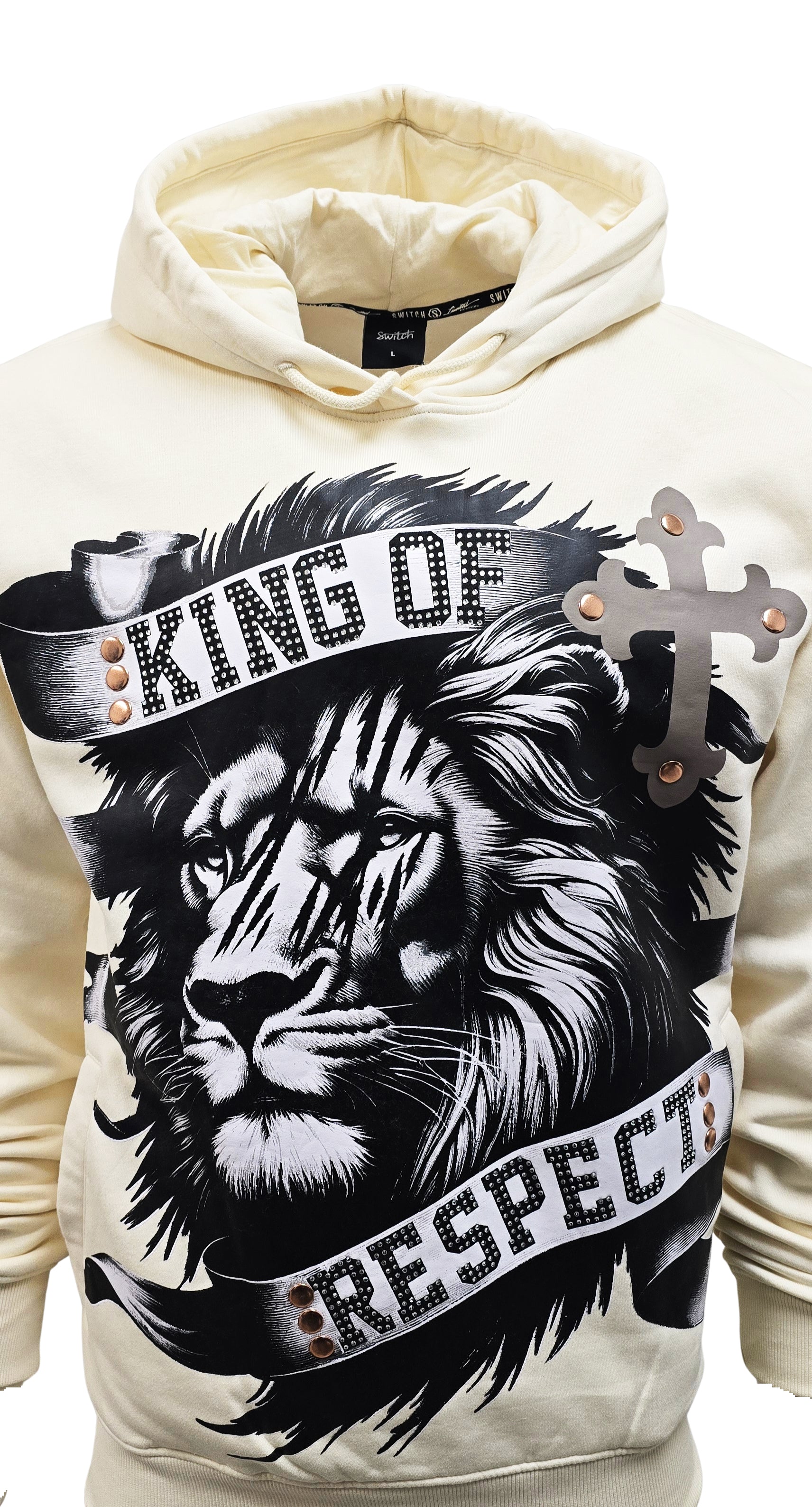 SWITCH REMARKABLE MEN'S RHINESTONE KING OF RESPECT, LION GRAPHIC HOODIE (CREAM)