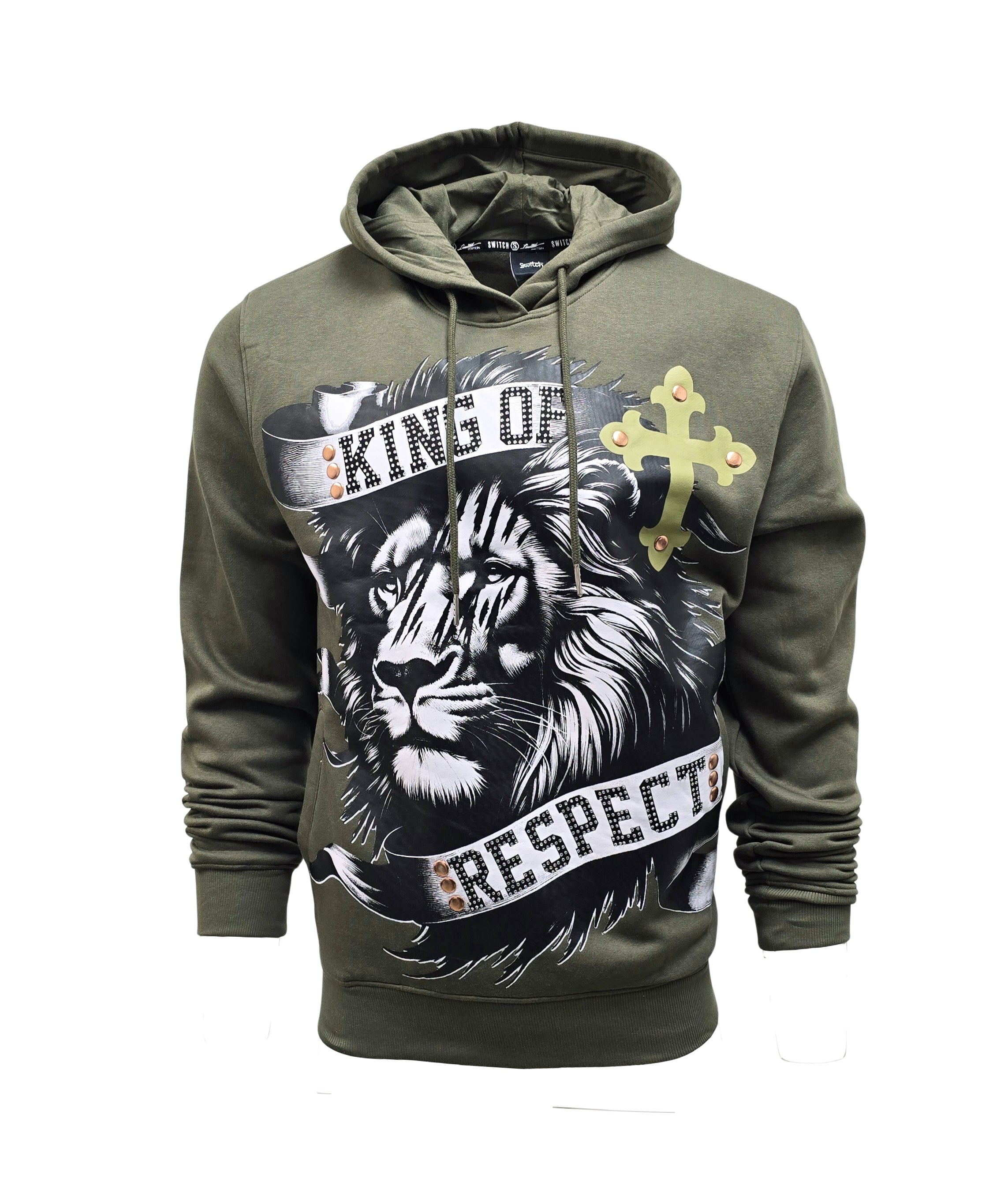 SWITCH REMARKABLE MEN'S RHINESTONE KING OF RESPECT, LION GRAPHIC HOODIE (OLIVE GREEN)