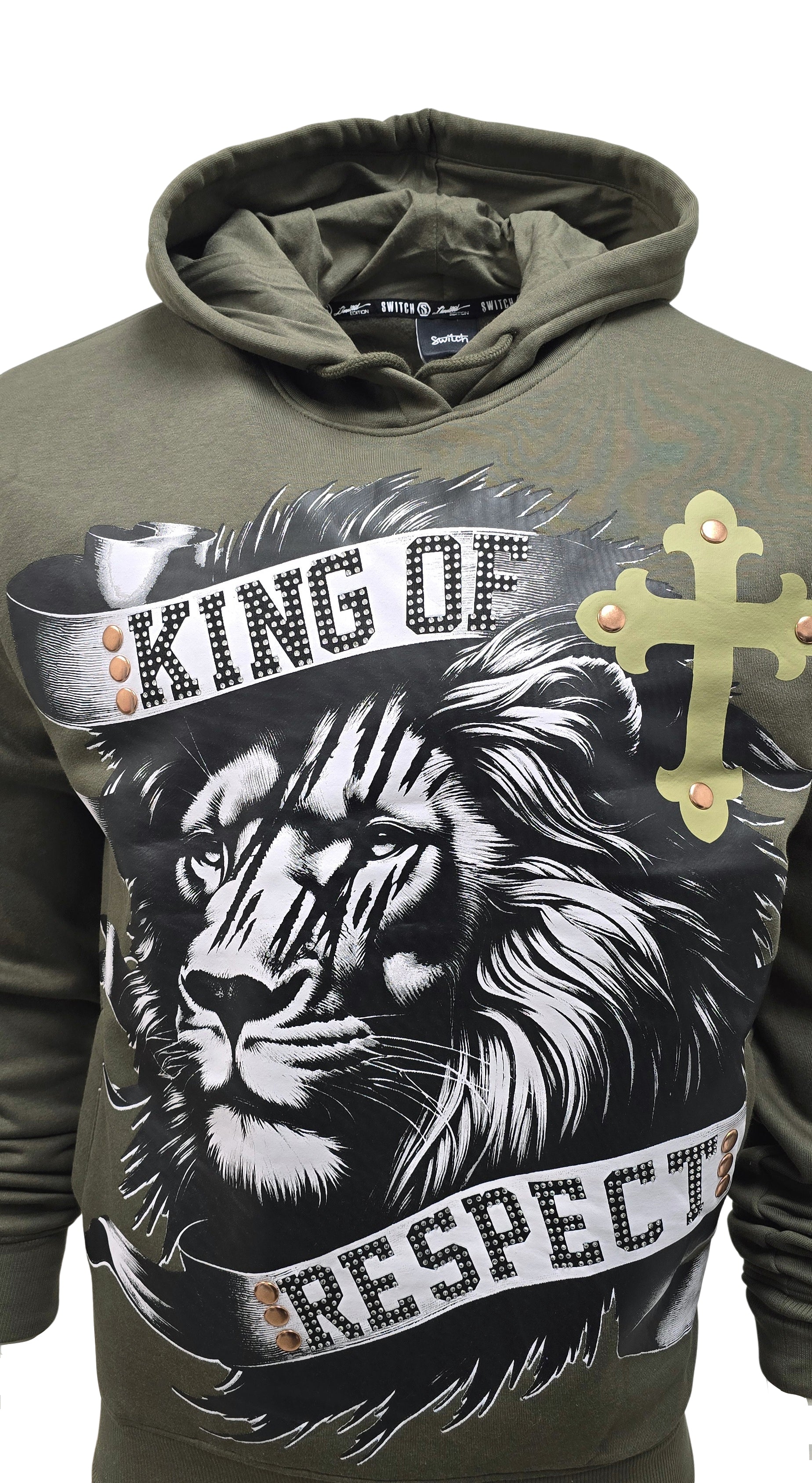 SWITCH REMARKABLE MEN'S RHINESTONE KING OF RESPECT, LION GRAPHIC HOODIE (OLIVE GREEN)