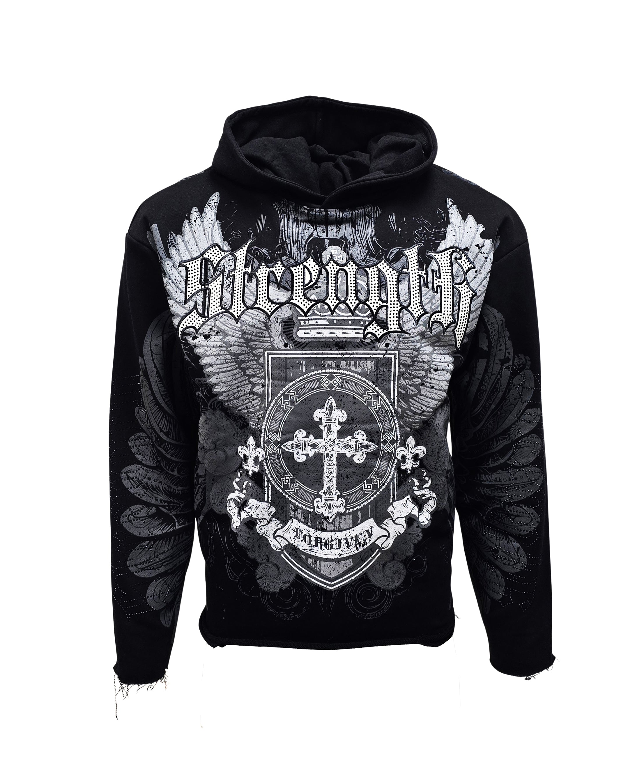 PJ MARK BLEECKER & MERCER MEN'S RHINESTONE STRENGTH BLACK GRAPHIC PULLOVER CROP HOODIE