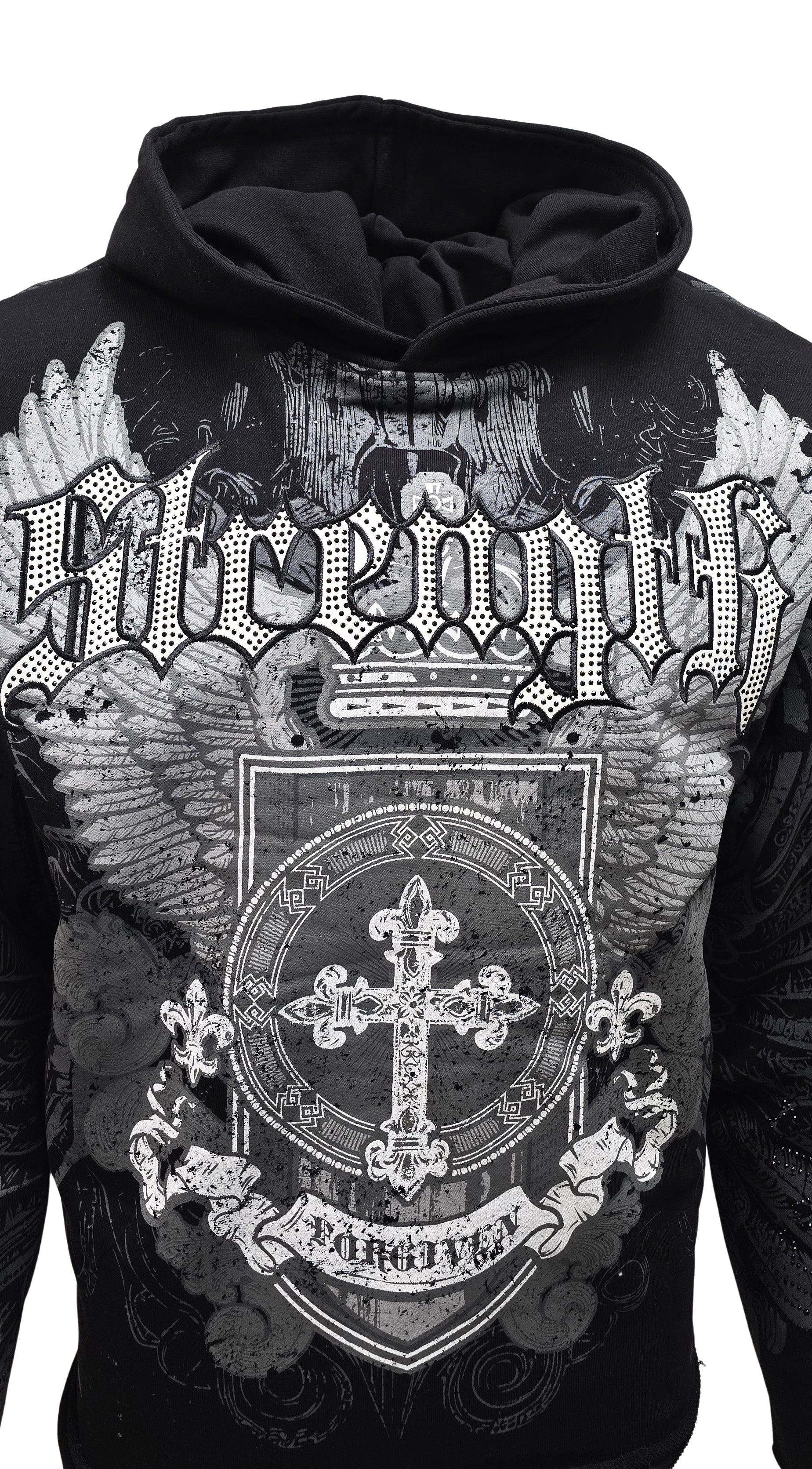 PJ MARK BLEECKER & MERCER MEN'S RHINESTONE STRENGTH BLACK GRAPHIC PULLOVER CROP HOODIE