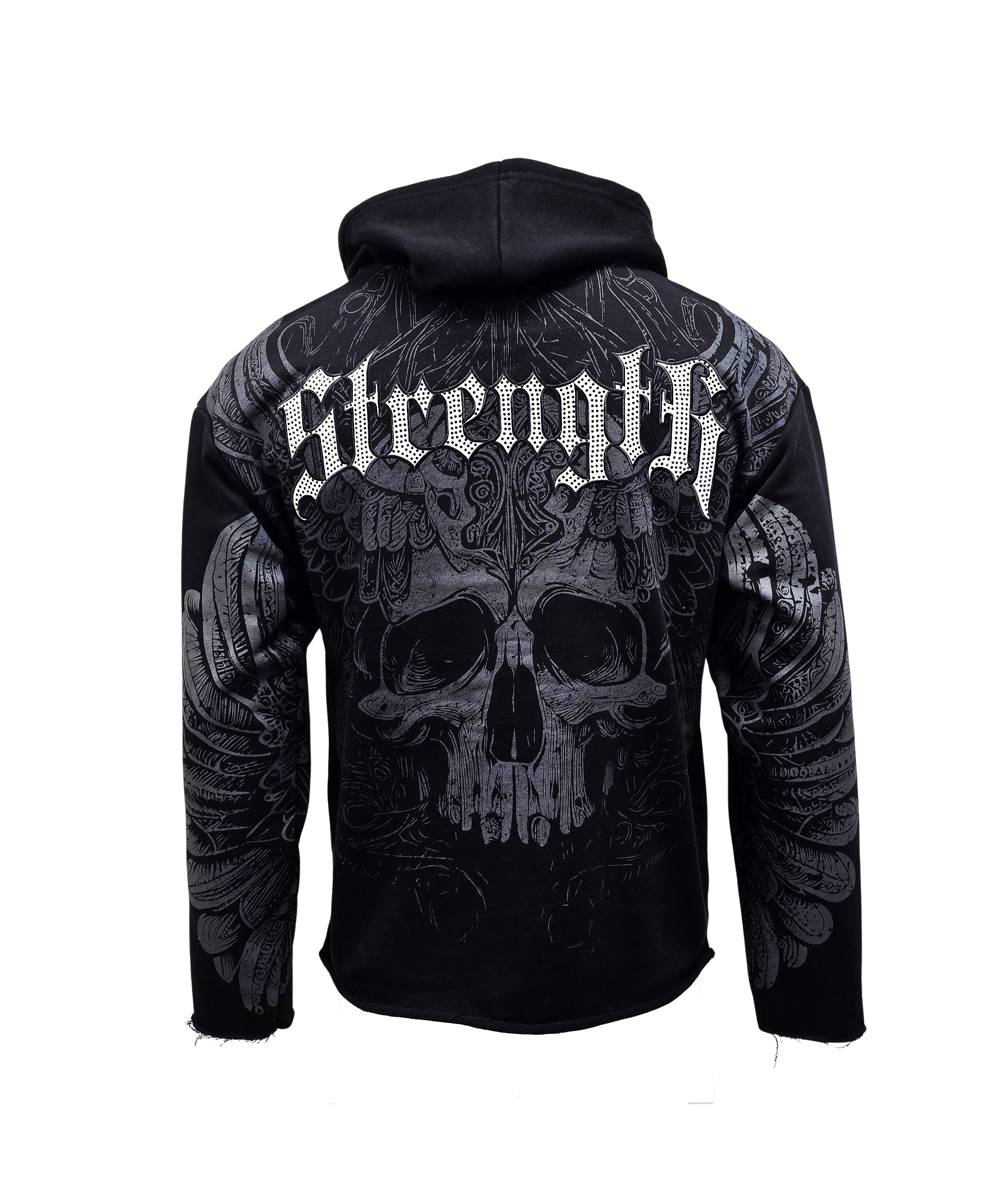 PJ MARK BLEECKER & MERCER MEN'S RHINESTONE STRENGTH BLACK GRAPHIC PULLOVER CROP HOODIE