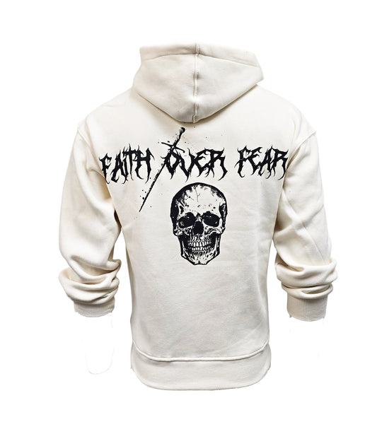 PJ MARK BLEECKER & MERCER MEN'S RHINESTONE FAITH OVER FEAR, SKULL GRAPHIC OATMEAL CREAM OFF-WHITE HOODIE