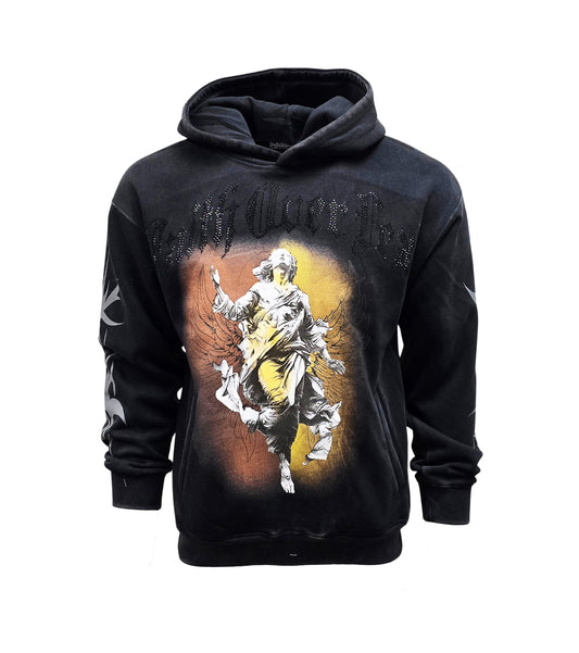 PJ MARK BLEECKER & MERCER MEN'S RHINESTONE FAITH OVER FEAR ACID WASH BLACK GRAPHIC PULLOVER HOODIE