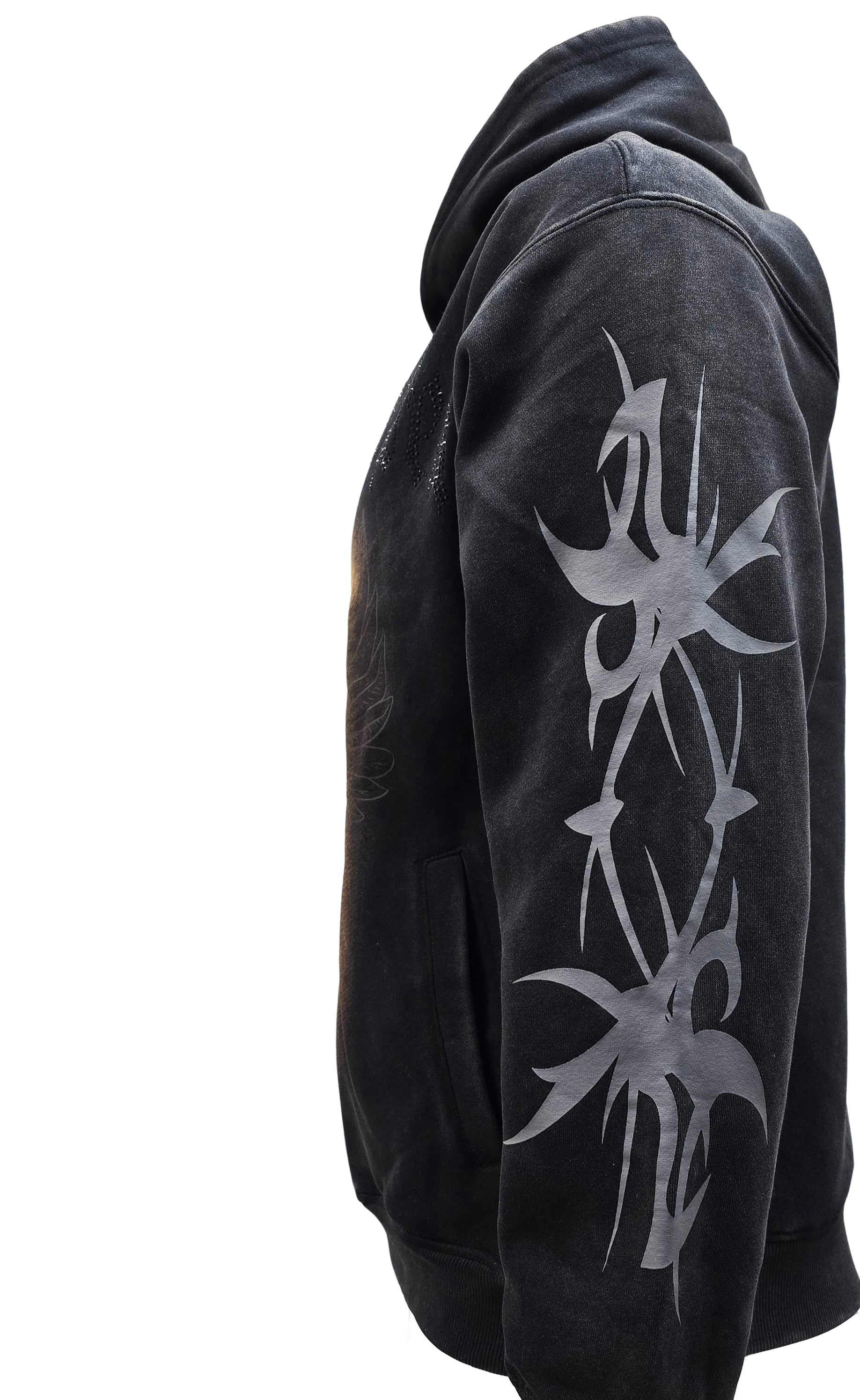 PJ MARK BLEECKER & MERCER MEN'S RHINESTONE FAITH OVER FEAR ACID WASH BLACK GRAPHIC PULLOVER HOODIE