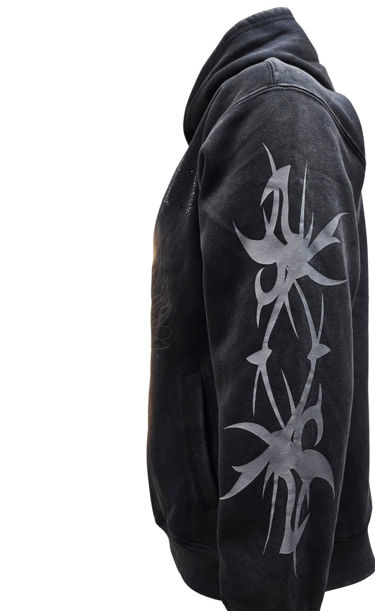 PJ MARK BLEECKER & MERCER MEN'S RHINESTONE FAITH OVER FEAR ACID WASH BLACK GRAPHIC PULLOVER HOODIE