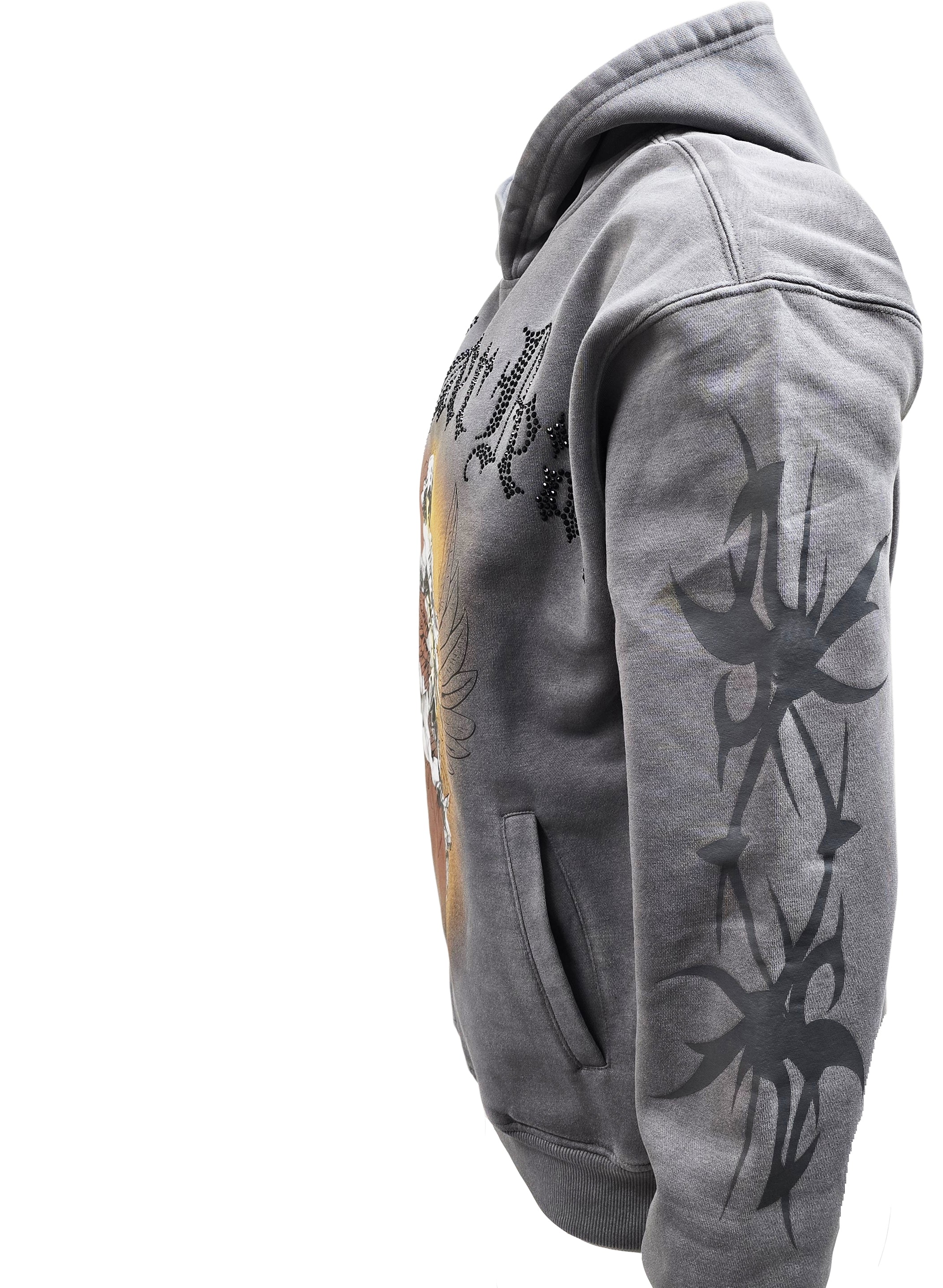 PJ MARK BLEECKER & MERCER MEN'S RHINESTONE FAITH OVER FEAR ACID WASH GREY GRAPHIC PULLOVER HOODIE