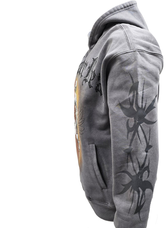 PJ MARK BLEECKER & MERCER MEN'S RHINESTONE FAITH OVER FEAR ACID WASH GREY GRAPHIC PULLOVER HOODIE
