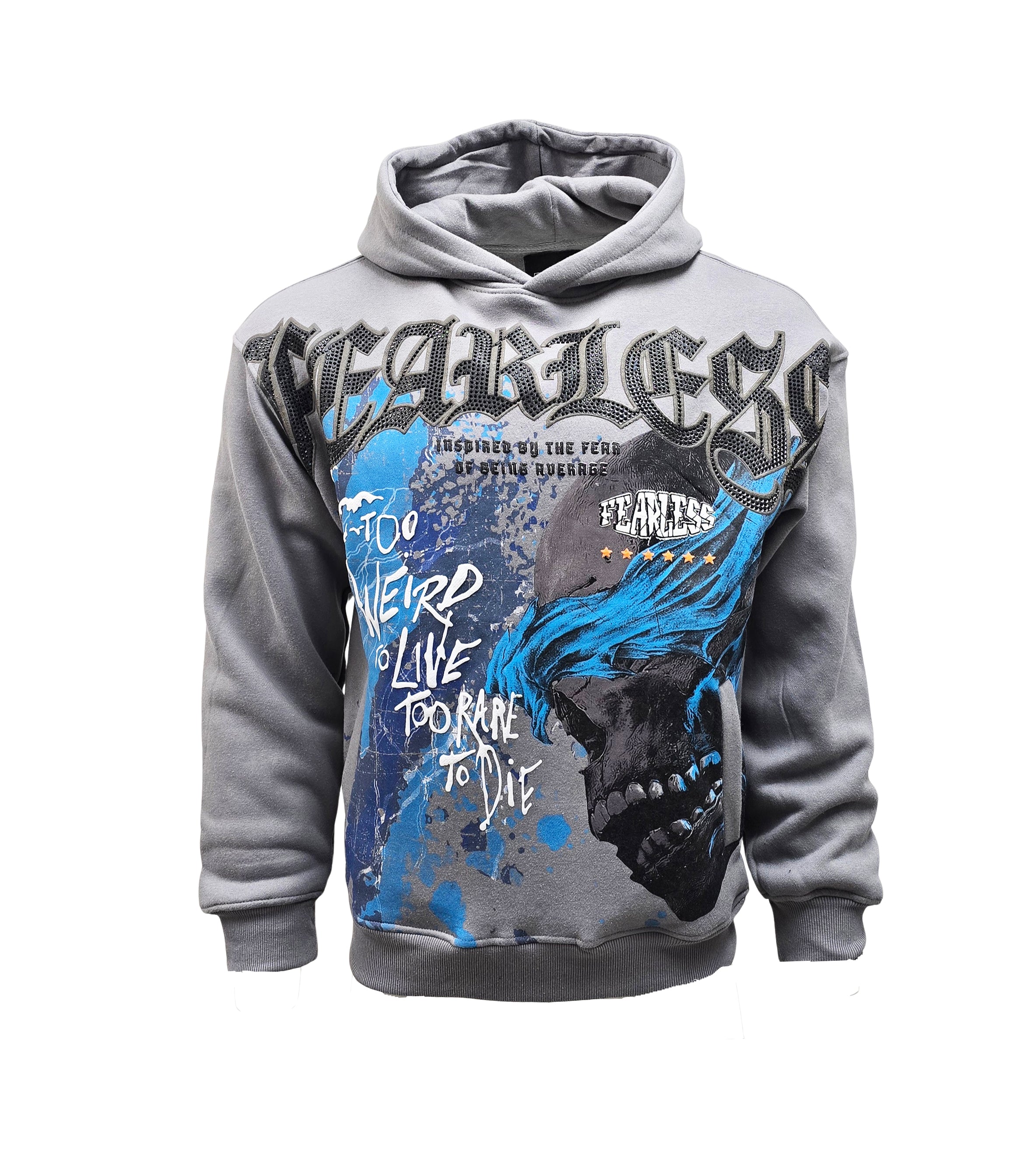 PJ MARK BLEECKER & MERCER MEN'S RHINESTONE FEARLESS GREY GRAPHIC HOODIE