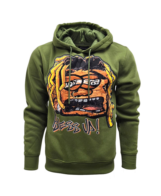 PJ MARK BLEECKER & MERCER MEN'S RHINESTONE BLESS UP GRAPHIC PULLOVER OLIVE HOODIE