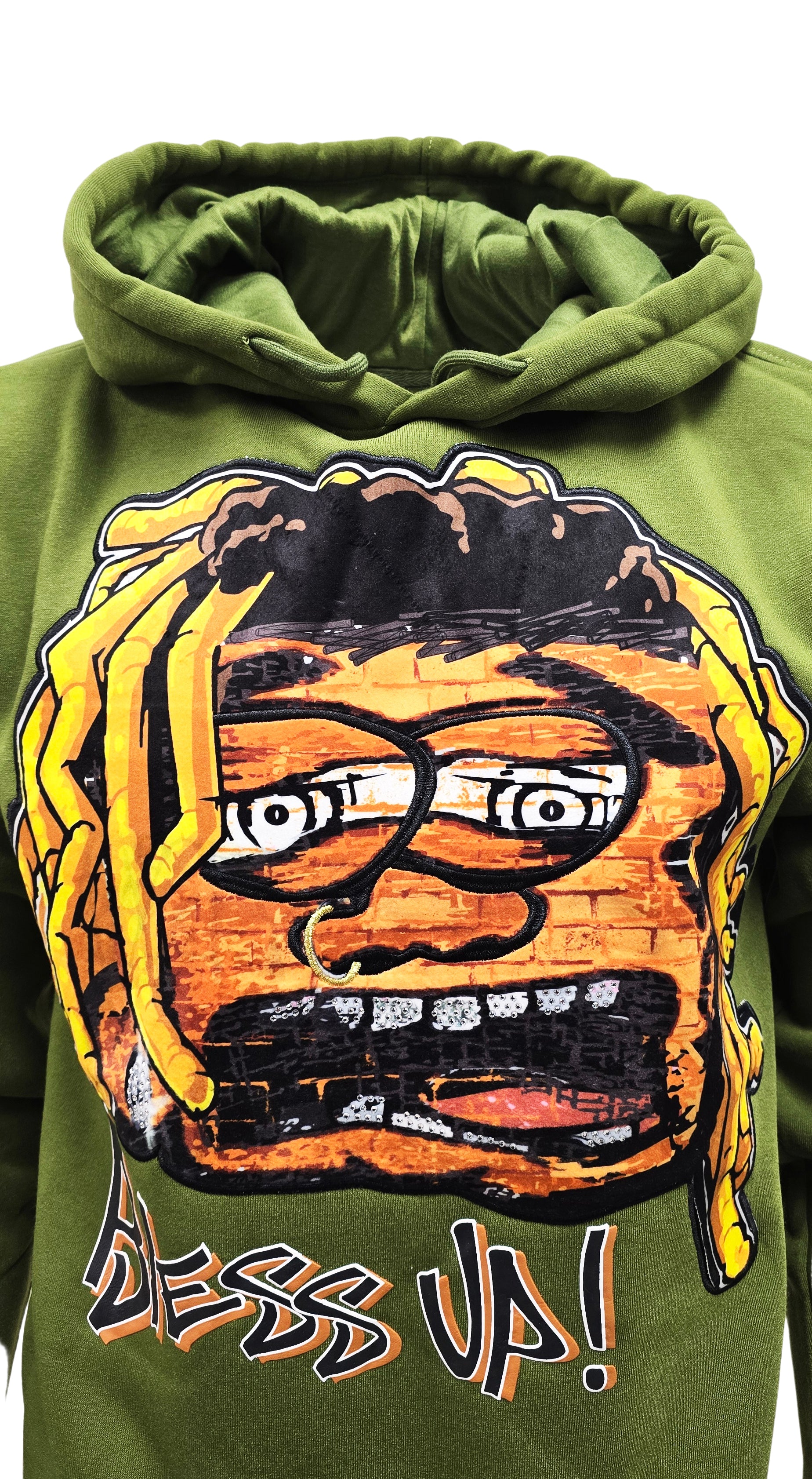 PJ MARK BLEECKER & MERCER MEN'S RHINESTONE BLESS UP GRAPHIC PULLOVER OLIVE HOODIE