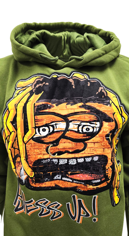 PJ MARK BLEECKER & MERCER MEN'S RHINESTONE BLESS UP GRAPHIC PULLOVER OLIVE HOODIE