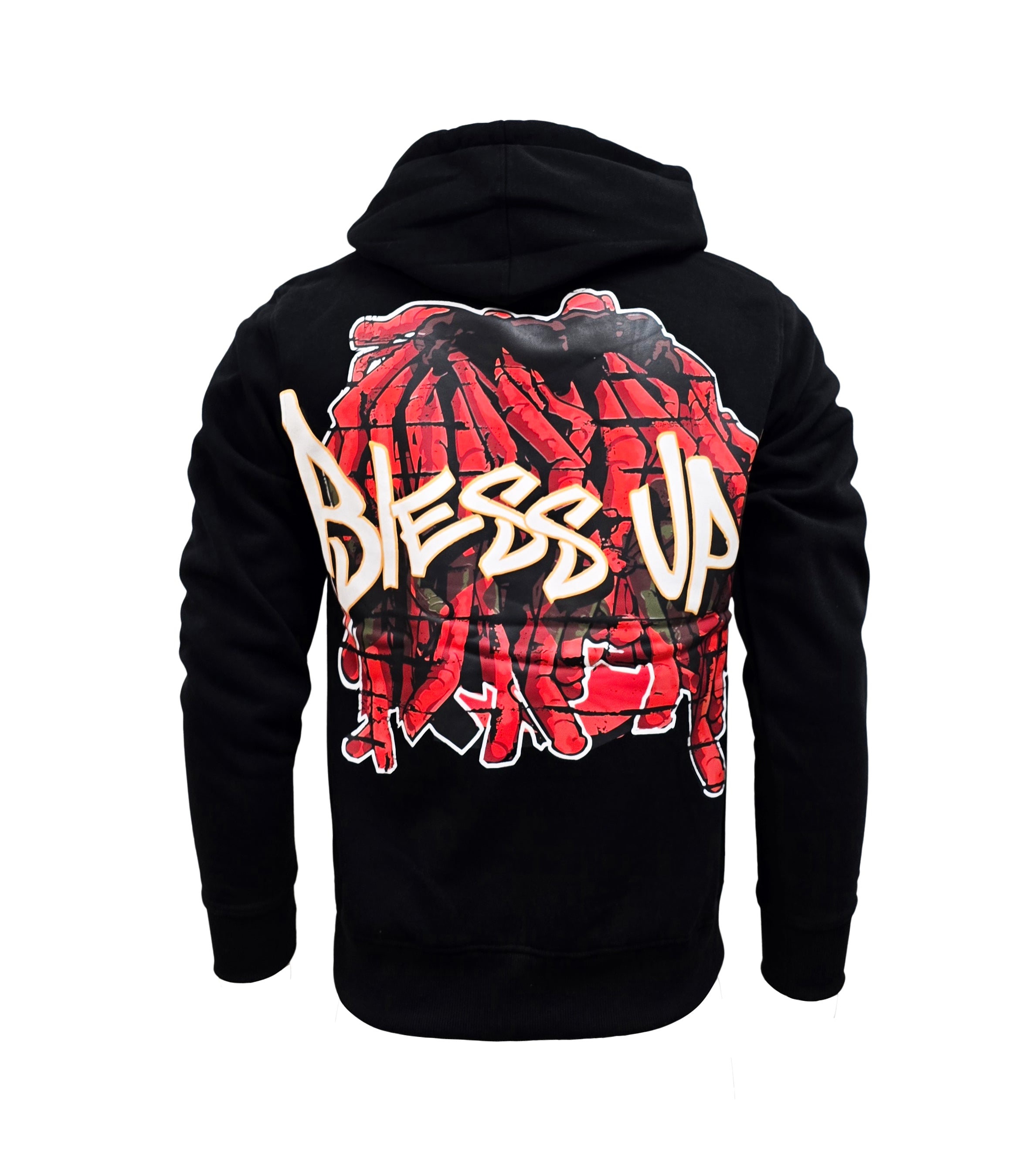 PJ MARK BLEECKER & MERCER MEN'S RHINESTONE BLESS UP GRAPHIC PULLOVER BLACK HOODIE