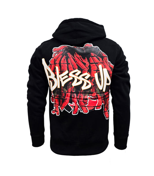 PJ MARK BLEECKER & MERCER MEN'S RHINESTONE BLESS UP GRAPHIC PULLOVER BLACK HOODIE
