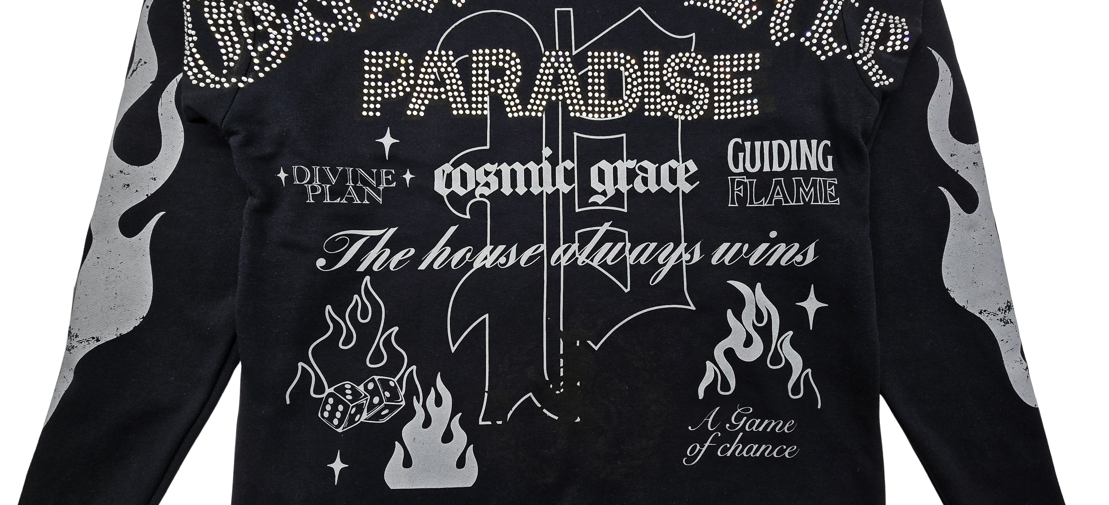 PJ MARK BLEECKER & MERCER MEN'S 2PIECE RHINESTONE GAME OF LIFE, PARADISE GRAPHIC BLACK PULLOVER & STACKED PANTS SET