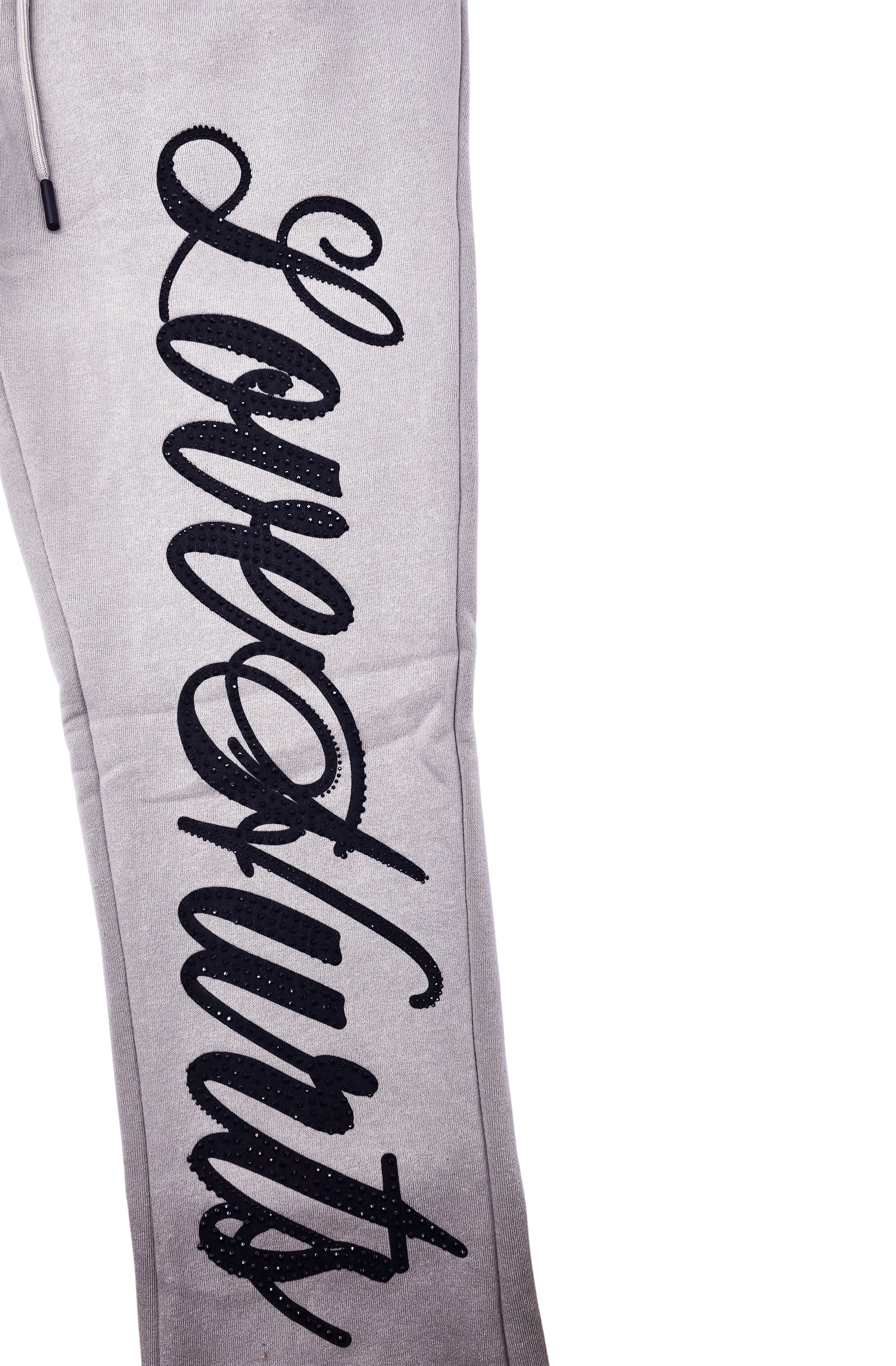 PJ MARK BLEECKER & MERCER MEN'S 2PIECE RHINESTONE LOVE HURTS GRAPHIC OYESTER GREY PULLOVER & STACKED PANTS SET