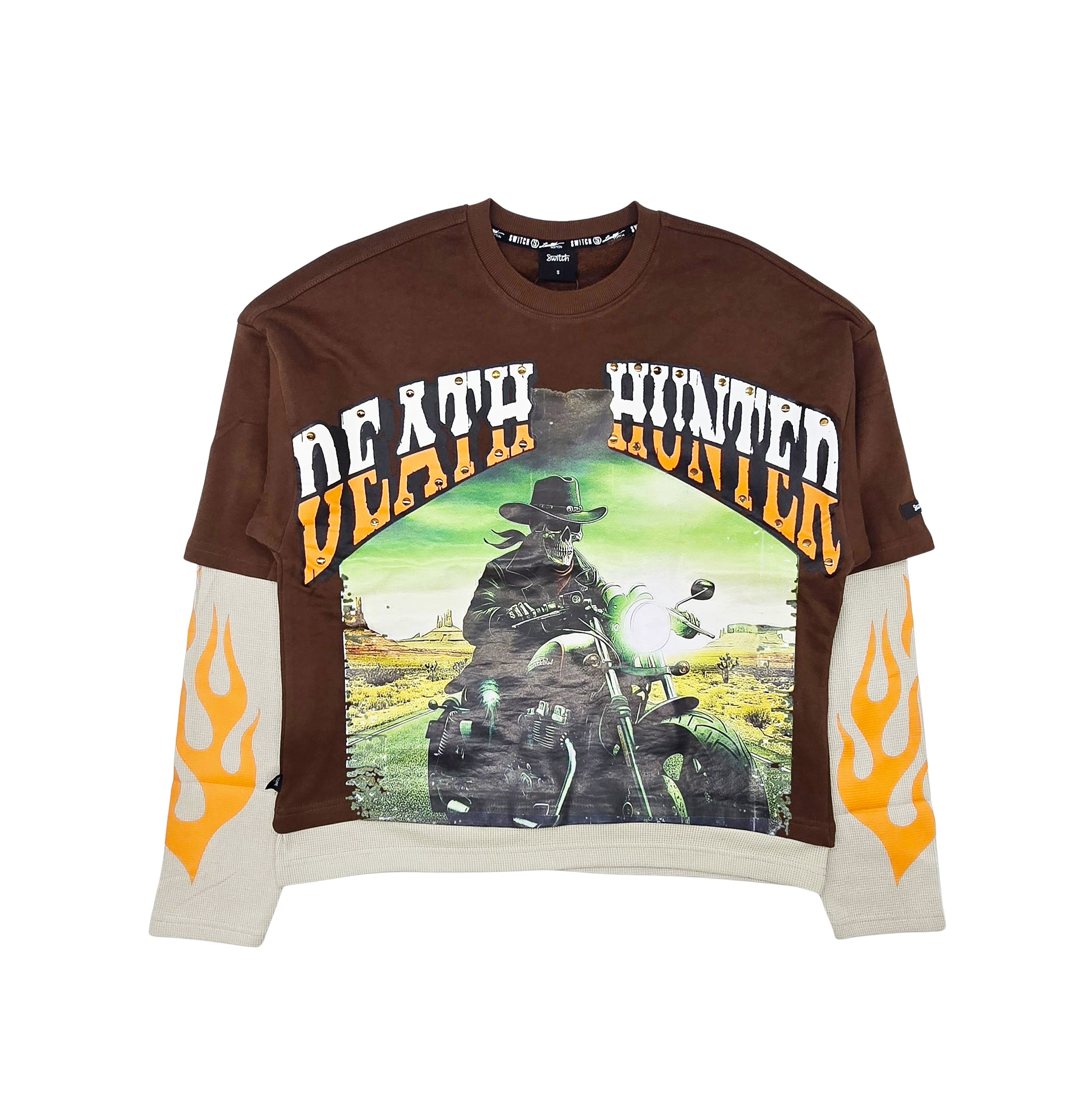 SWITCH MEN'S LONG SLEEVE DEATH HUNTER GRAPHIC T-SHIRT (BROWN)