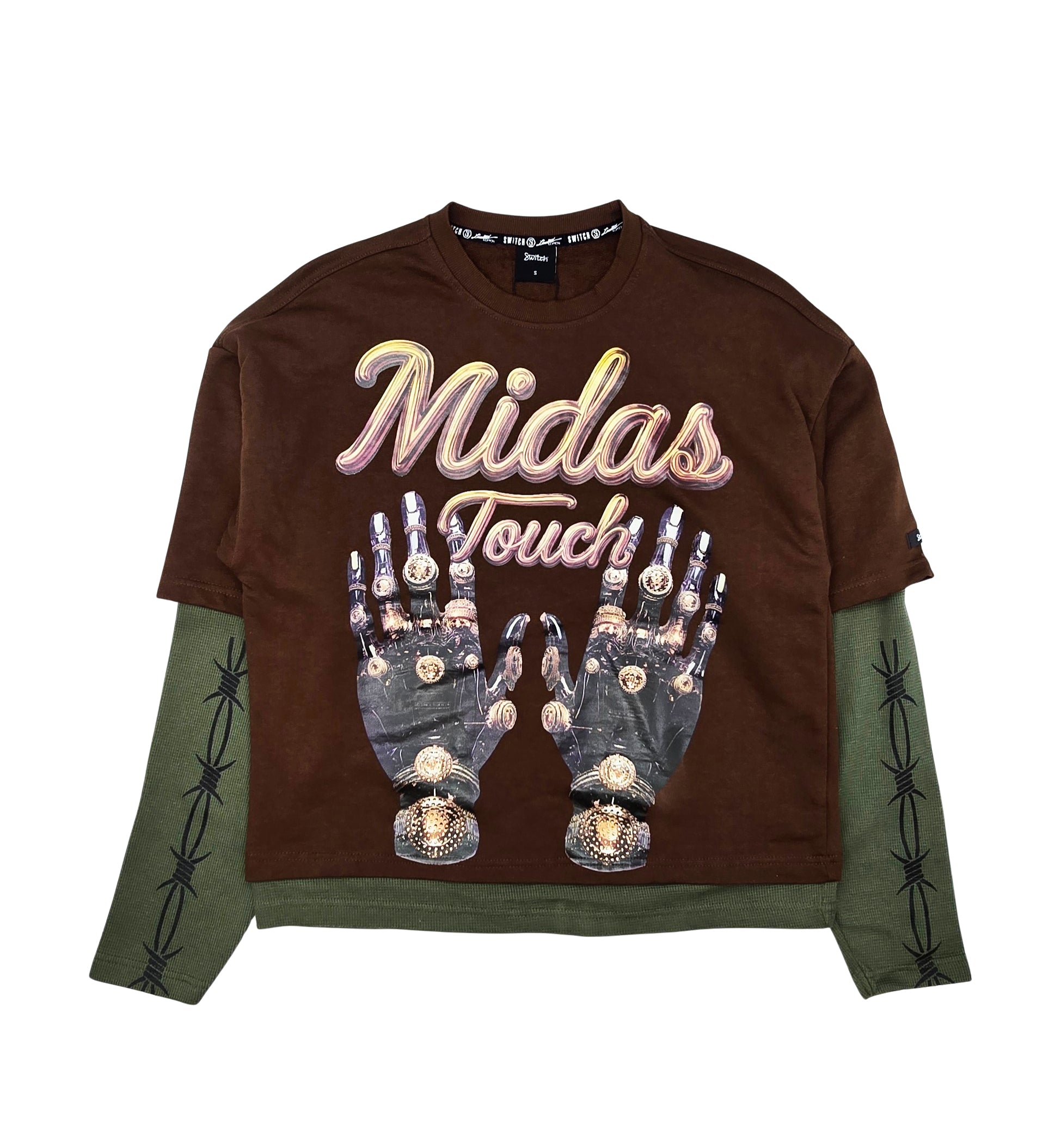 SWITCH MEN'S LONG SLEEVE RHINESTONE MIDAS TOUCH GRAPHIC T-SHIRT (BROWN)