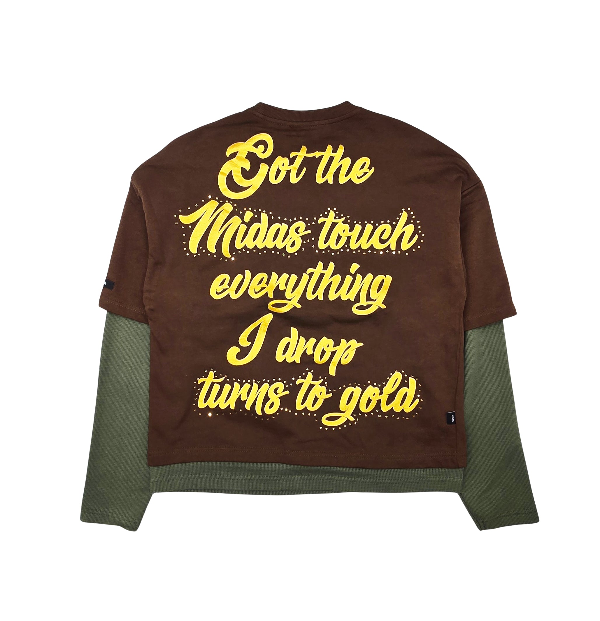 SWITCH MEN'S LONG SLEEVE RHINESTONE MIDAS TOUCH GRAPHIC T-SHIRT (BROWN)