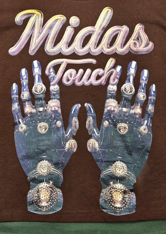 SWITCH MEN'S LONG SLEEVE RHINESTONE MIDAS TOUCH GRAPHIC T-SHIRT (BROWN)