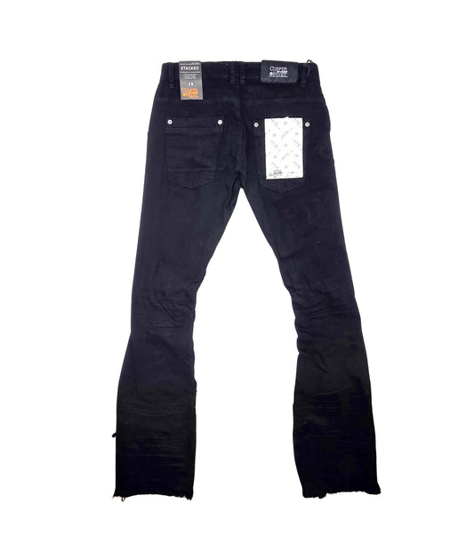 COPPER RIVET MEN'S DENIM SLIM FIT STACKED FLARED RIPPED JEANS (JET BLACK)