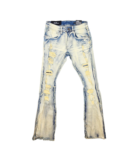 COPPER RIVET MEN'S DENIM SLIM FIT STACKED FLARED RIPPED JEANS (VINTAGE BLUE)