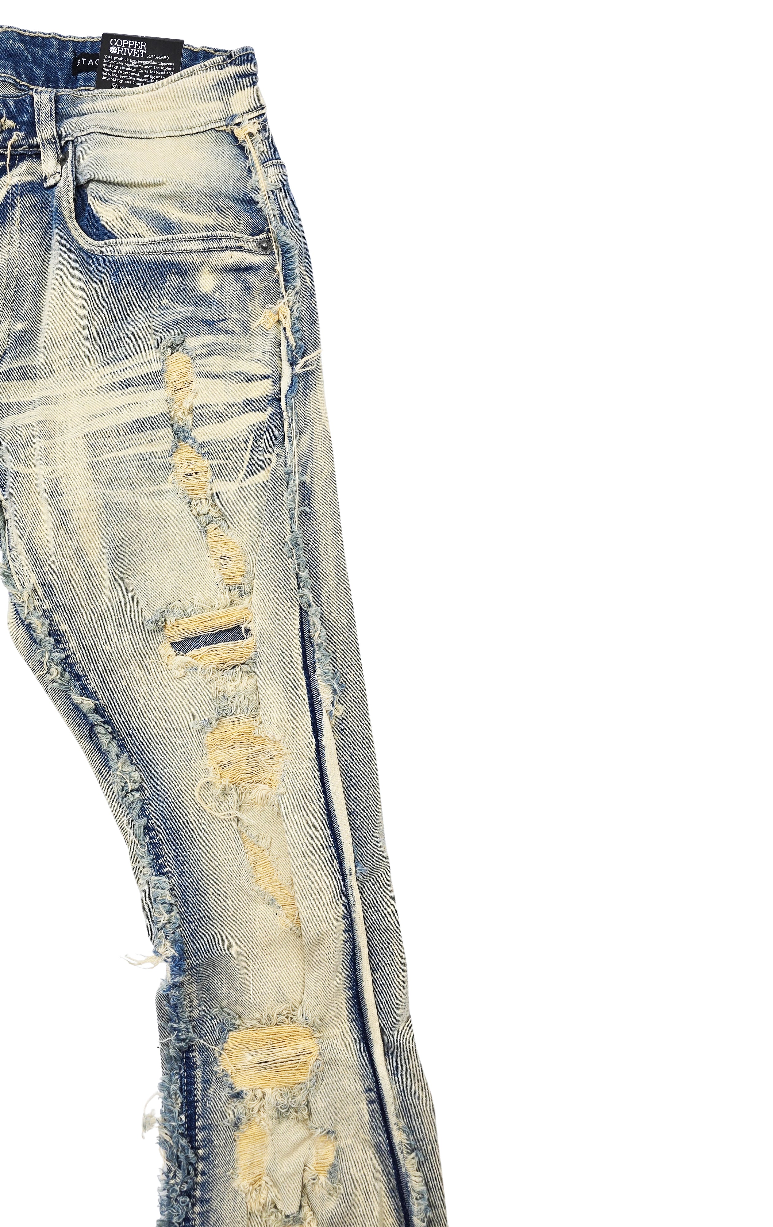 COPPER RIVET MEN'S DENIM SLIM FIT STACKED FLARED RIPPED JEANS (VINTAGE BLUE)