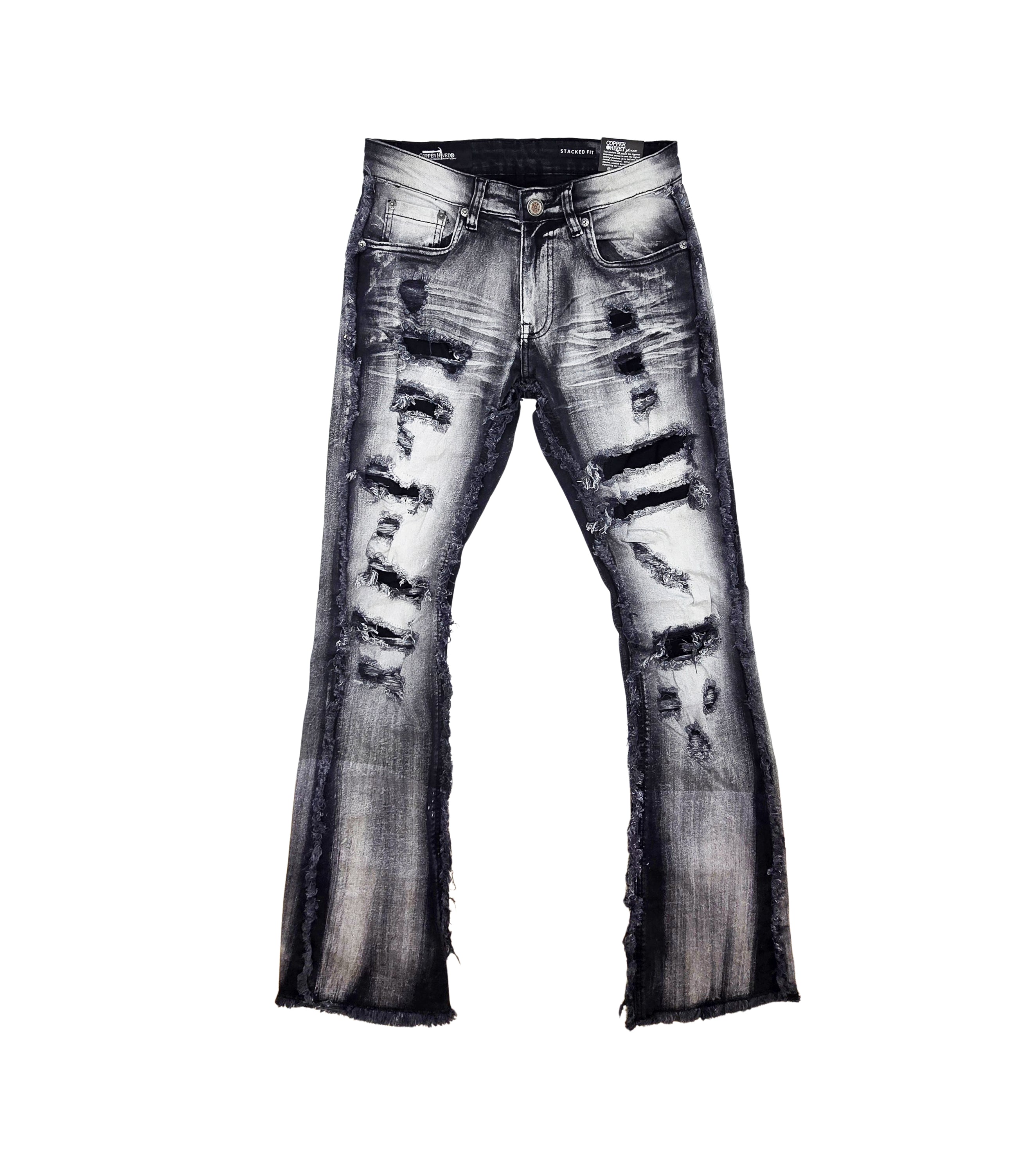 COPPER RIVET MEN'S DENIM SLIM FIT STACKED FLARED RIPPED JEANS (GREY)