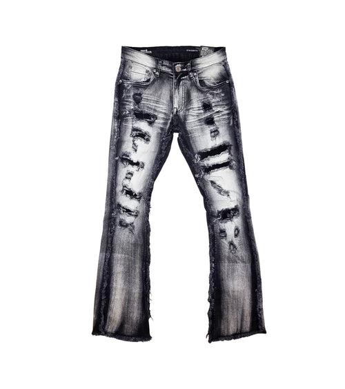 COPPER RIVET MEN'S DENIM SLIM FIT STACKED FLARED RIPPED JEANS (GREY)