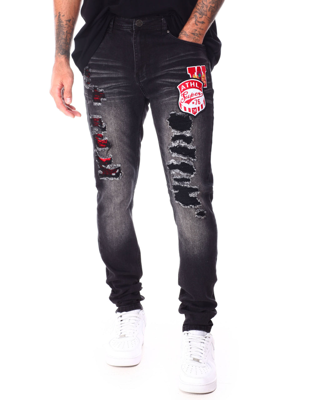 VINTAGE DENIM PANTS W/PATCHES (SF2640 WASHED BLACK)