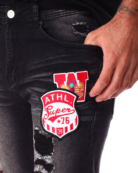 VINTAGE DENIM PANTS W/PATCHES (SF2640 WASHED BLACK)