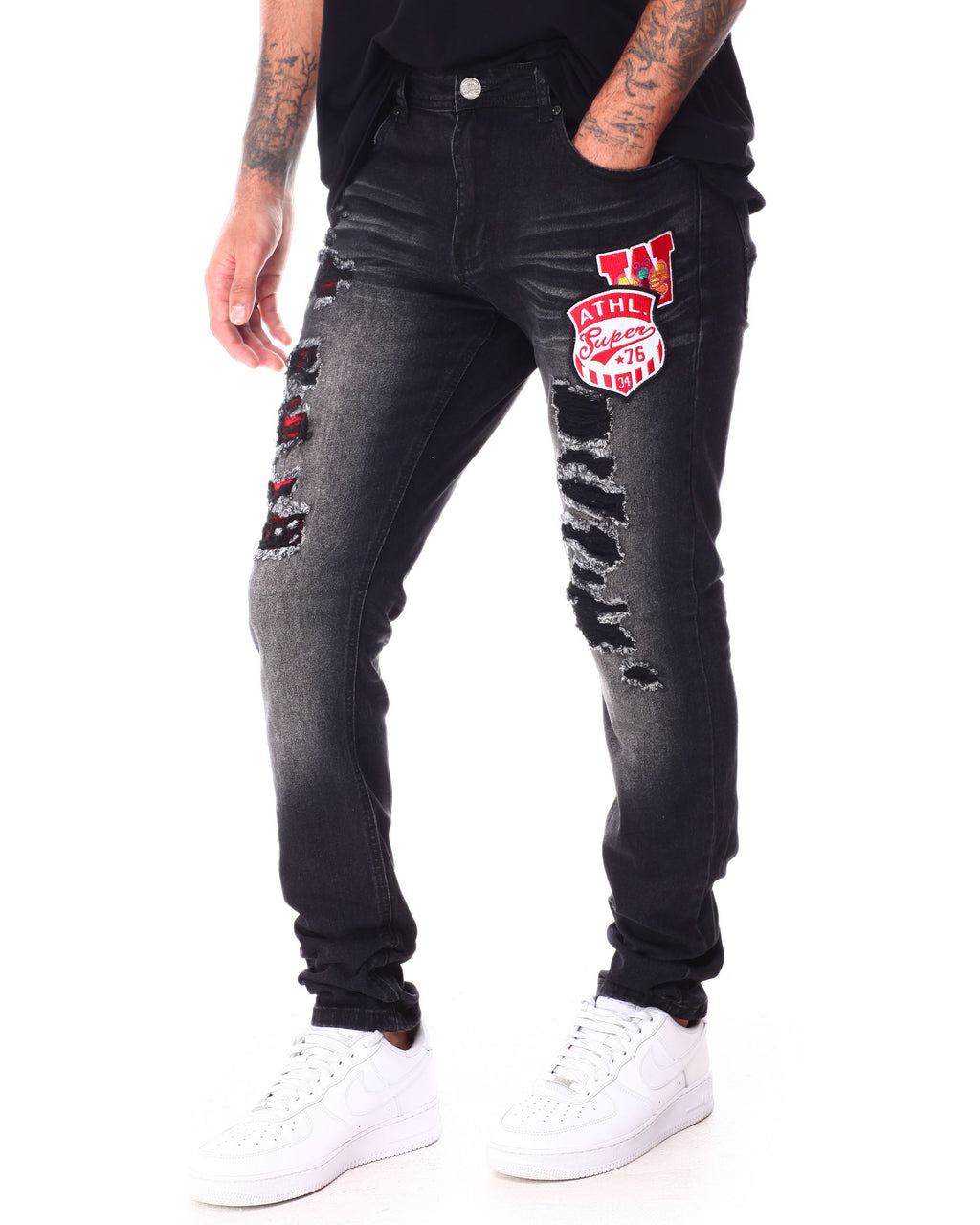 VINTAGE DENIM PANTS W/PATCHES (SF2640 WASHED BLACK)