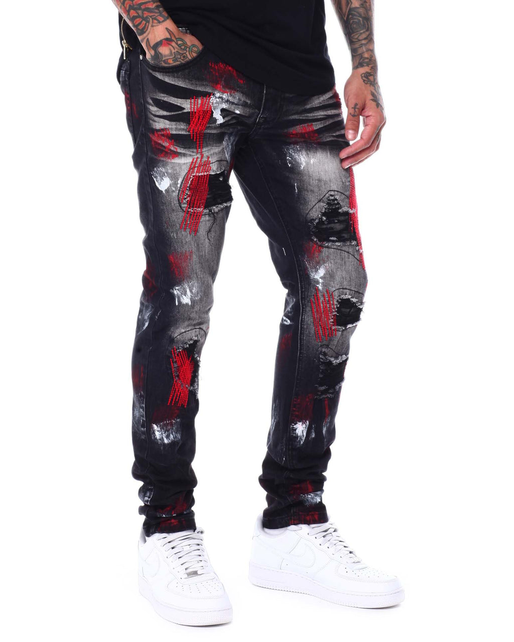 SWITCH MEN'S RIPPED EMBROIDED DENIM JEANS WITH PAINT (RED/BLACK)