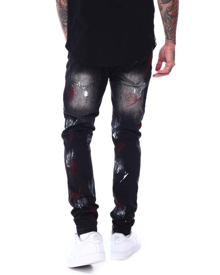 SWITCH MEN'S RIPPED EMBROIDED DENIM JEANS WITH PAINT (RED/BLACK)