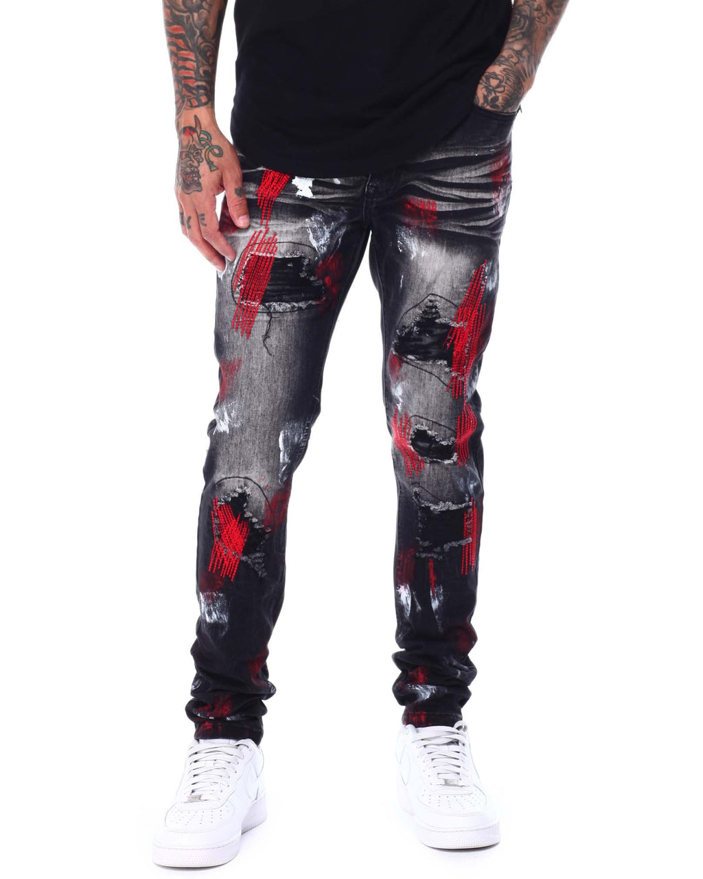 SWITCH MEN'S RIPPED EMBROIDED DENIM JEANS WITH PAINT (RED/BLACK)