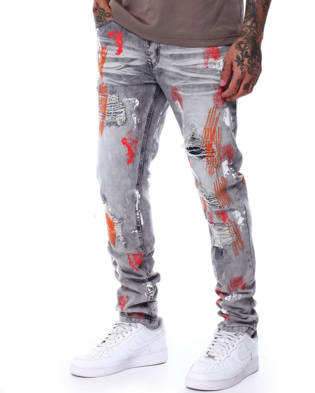 SWITCH MEN'S RIPPED EMBROIDED DENIM JEANS WITH PAINT (GREY/ORANGE)