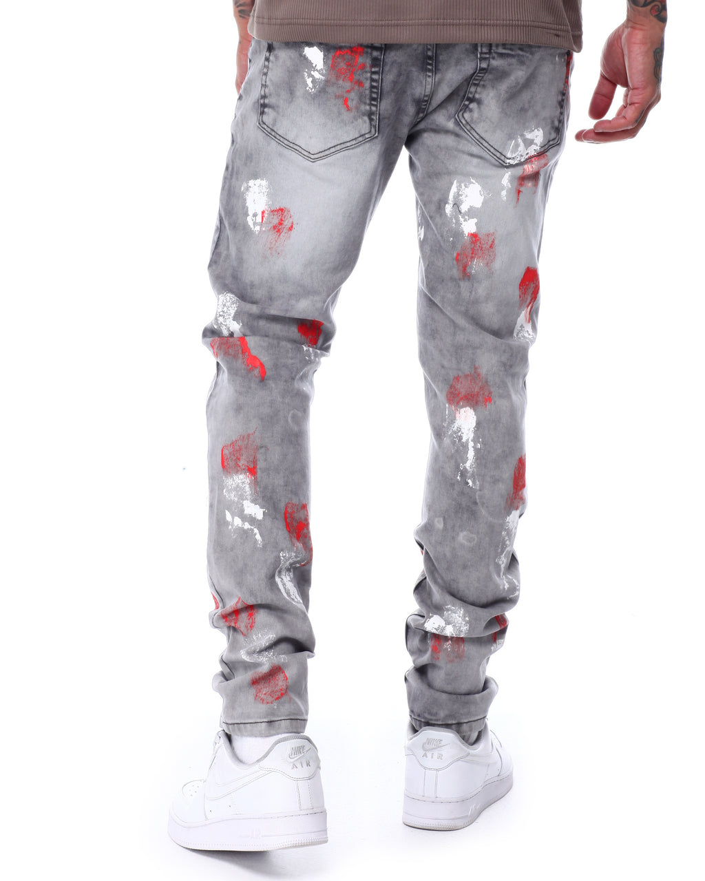 SWITCH MEN'S RIPPED EMBROIDED DENIM JEANS WITH PAINT (GREY/ORANGE)