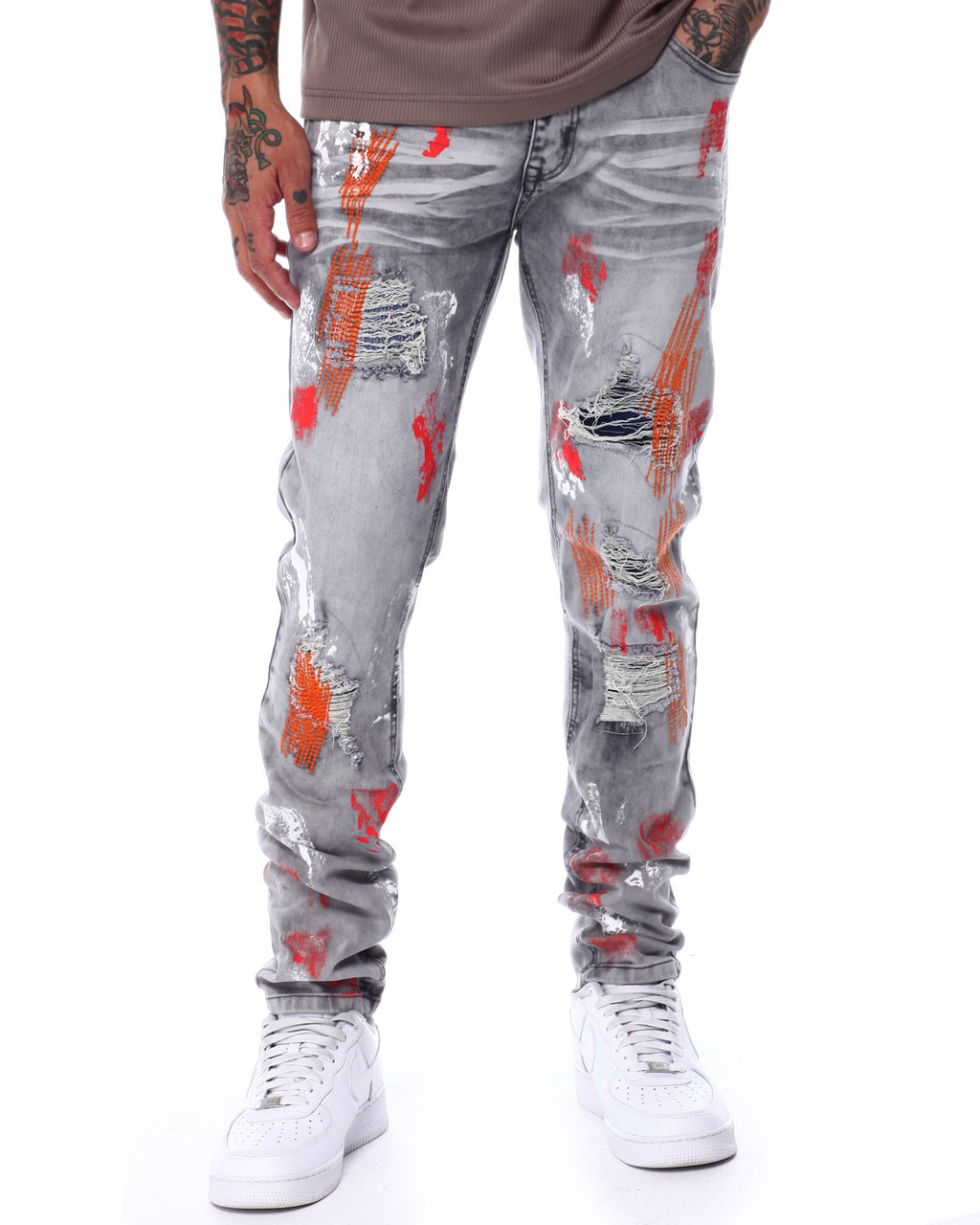 SWITCH MEN'S RIPPED EMBROIDED DENIM JEANS WITH PAINT (GREY/ORANGE)